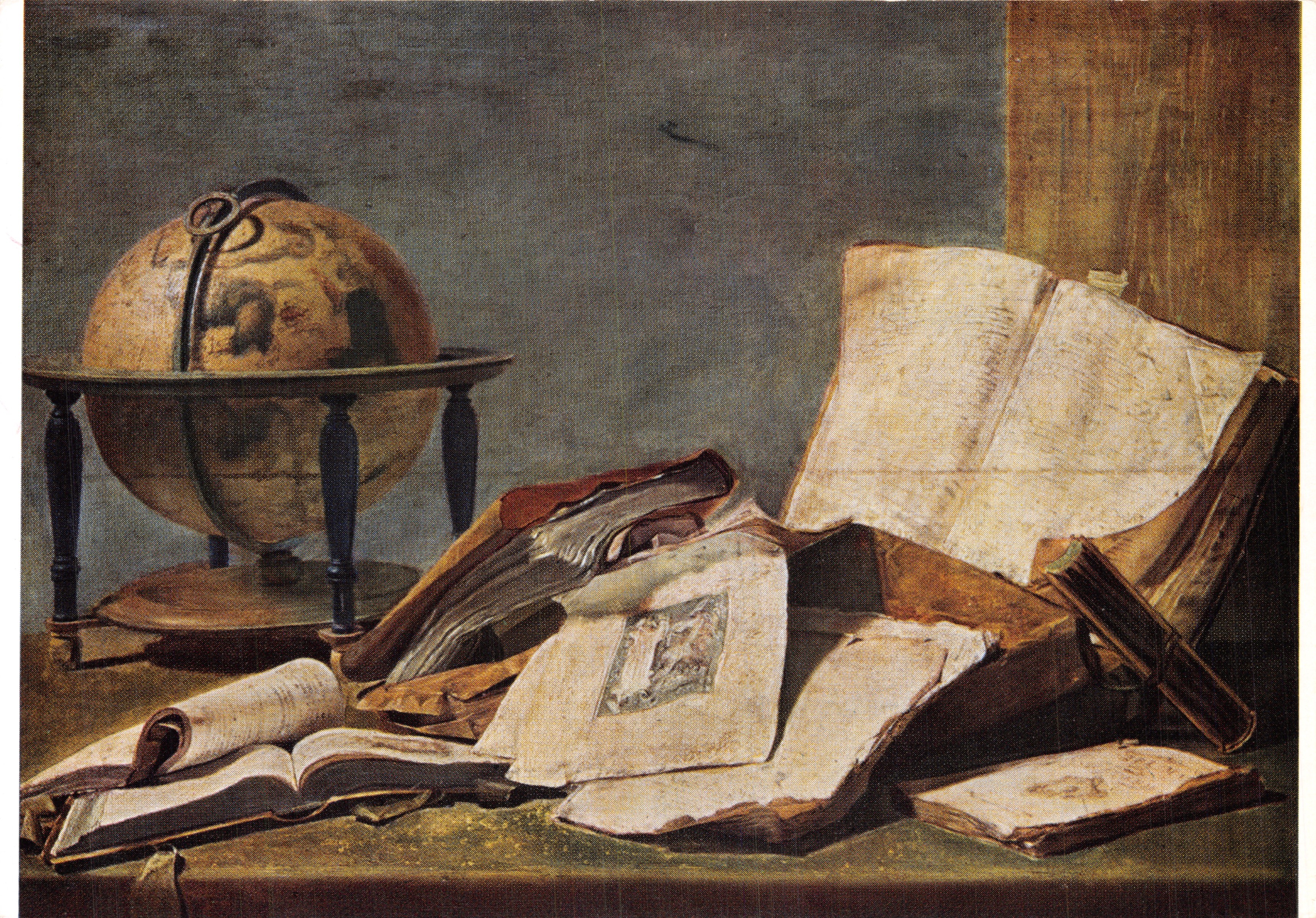 Estudio de accesorios — Globo terrestre y libros abiertos — Impr. Solédi