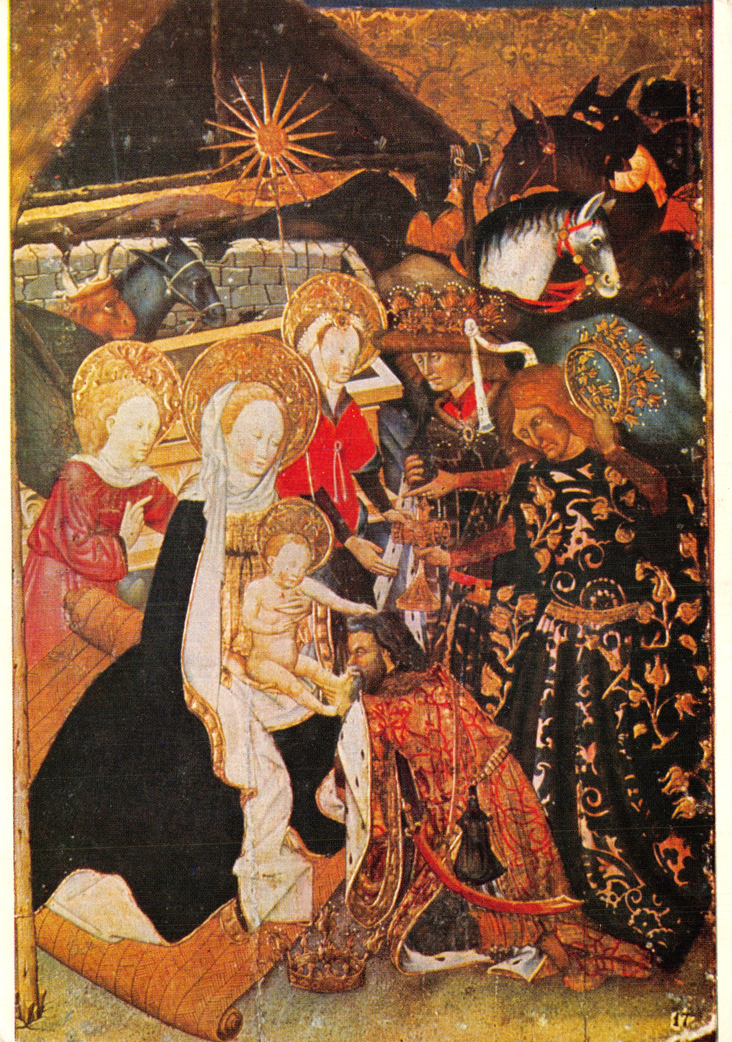 Adoration des Rois — Retablo Escuela Catalana, œuvre de Jaume Ferrer II (milieu du XVᵉ siècle) — éditeur LA POLIGRAFA, S.A. — N.º 128