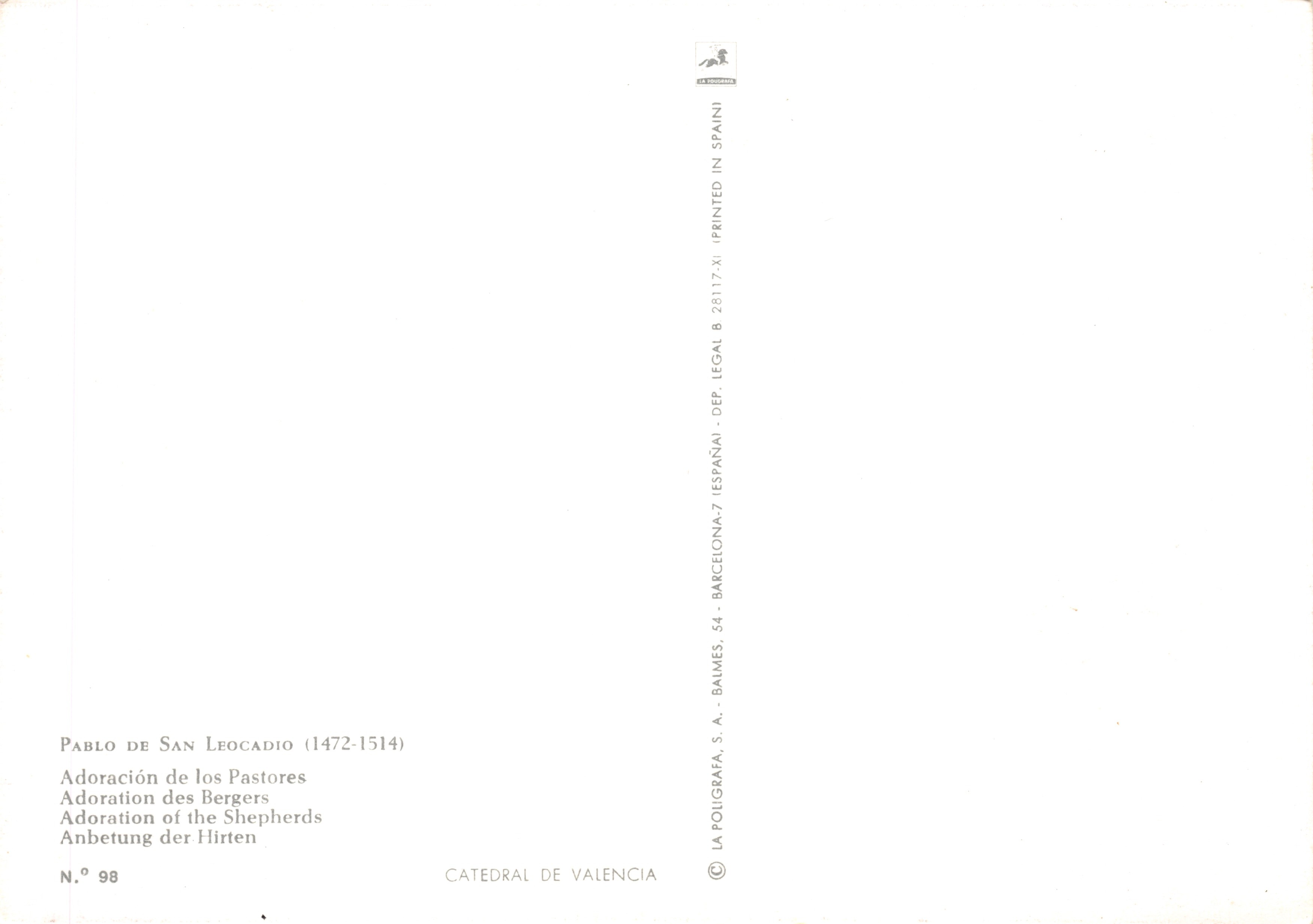 Adorazione dei Pastori — dipinto di Pablo de San Leocadio (1472-1514) — editore LA POLIGRAFA, S.A. - BARCELONA, 54 - BALMES, 98 — Verso