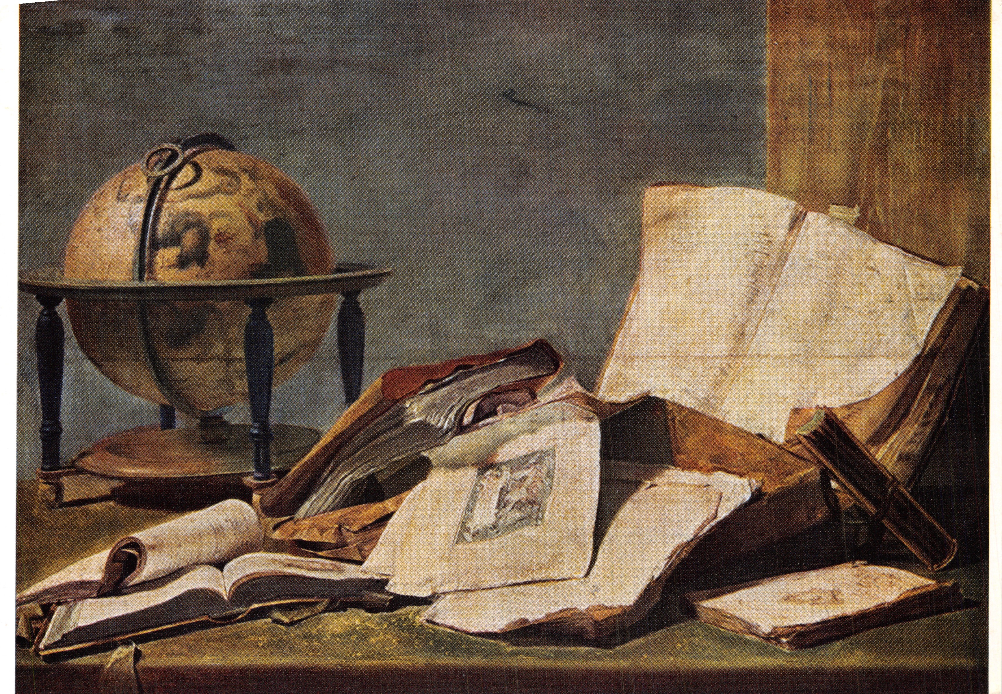 Stilleven met wereldbol en boeken — werk van David Teniers II — uitgever Impr. Solédi.