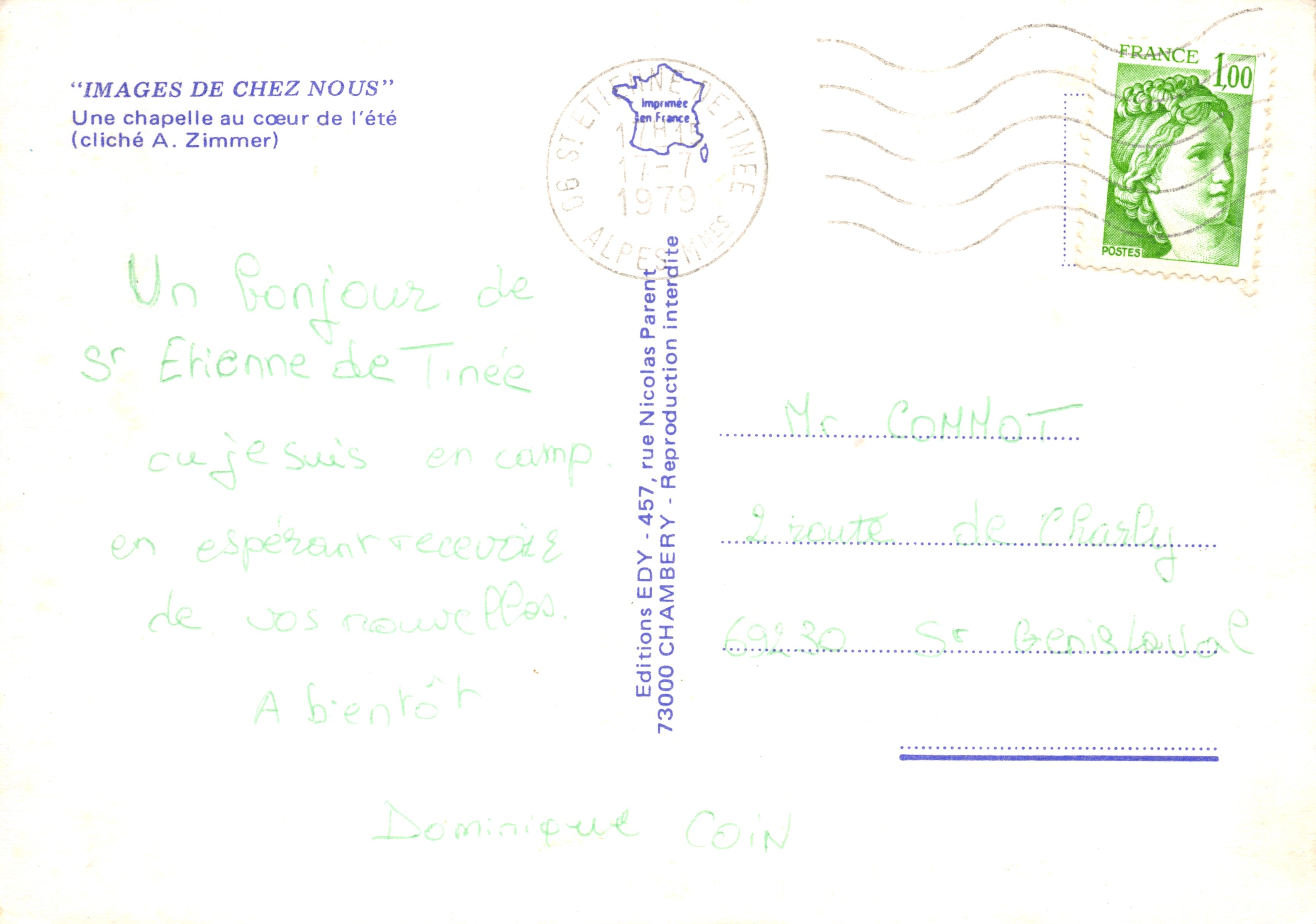 Capilla de Tinée — vista de verano con montañas en el fondo — Éditions EDY, 73000 Chambéry — Reverso