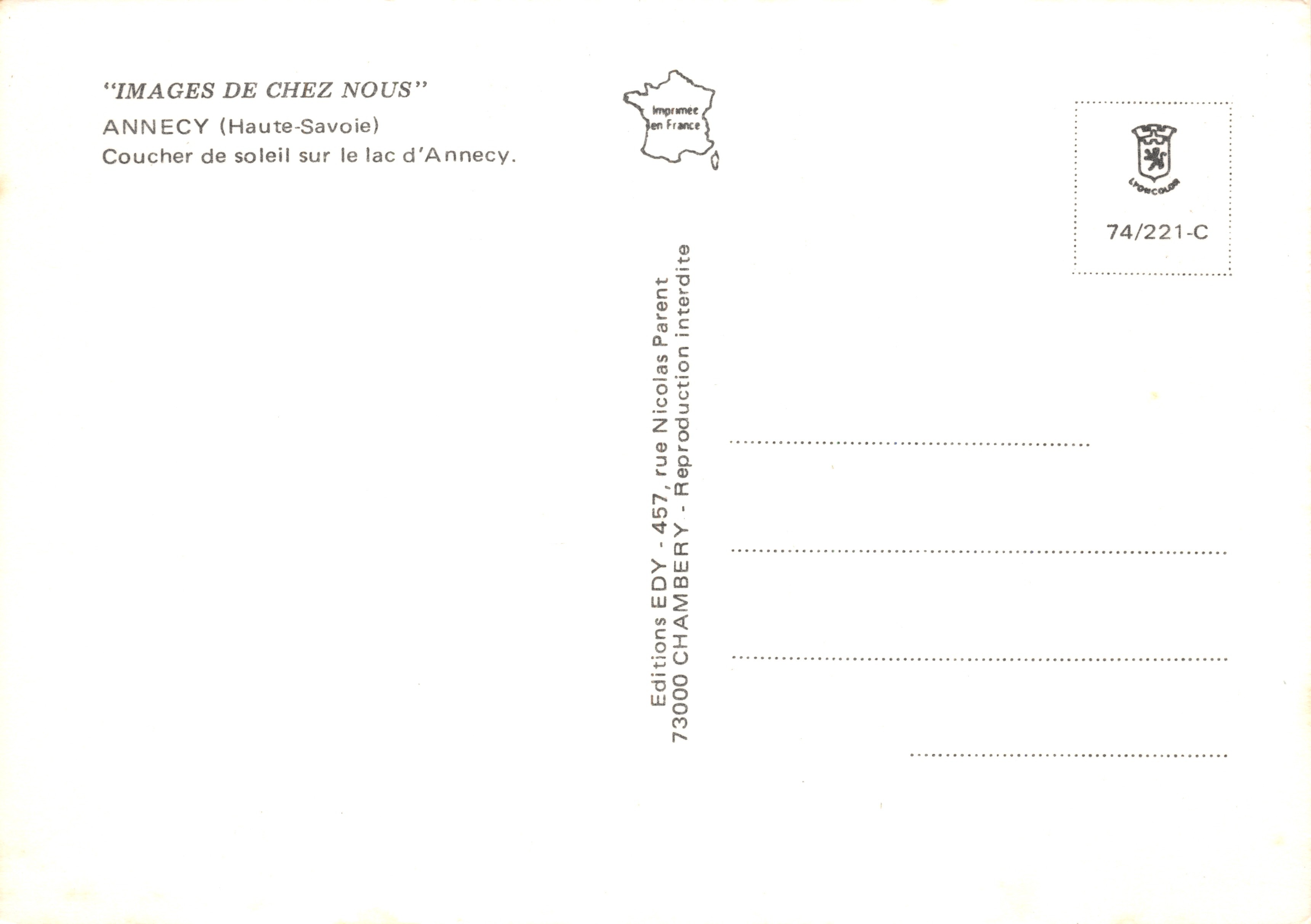 Tramonto sul lago d'Annecy — vista dalle rive, editore Echy — Verso
