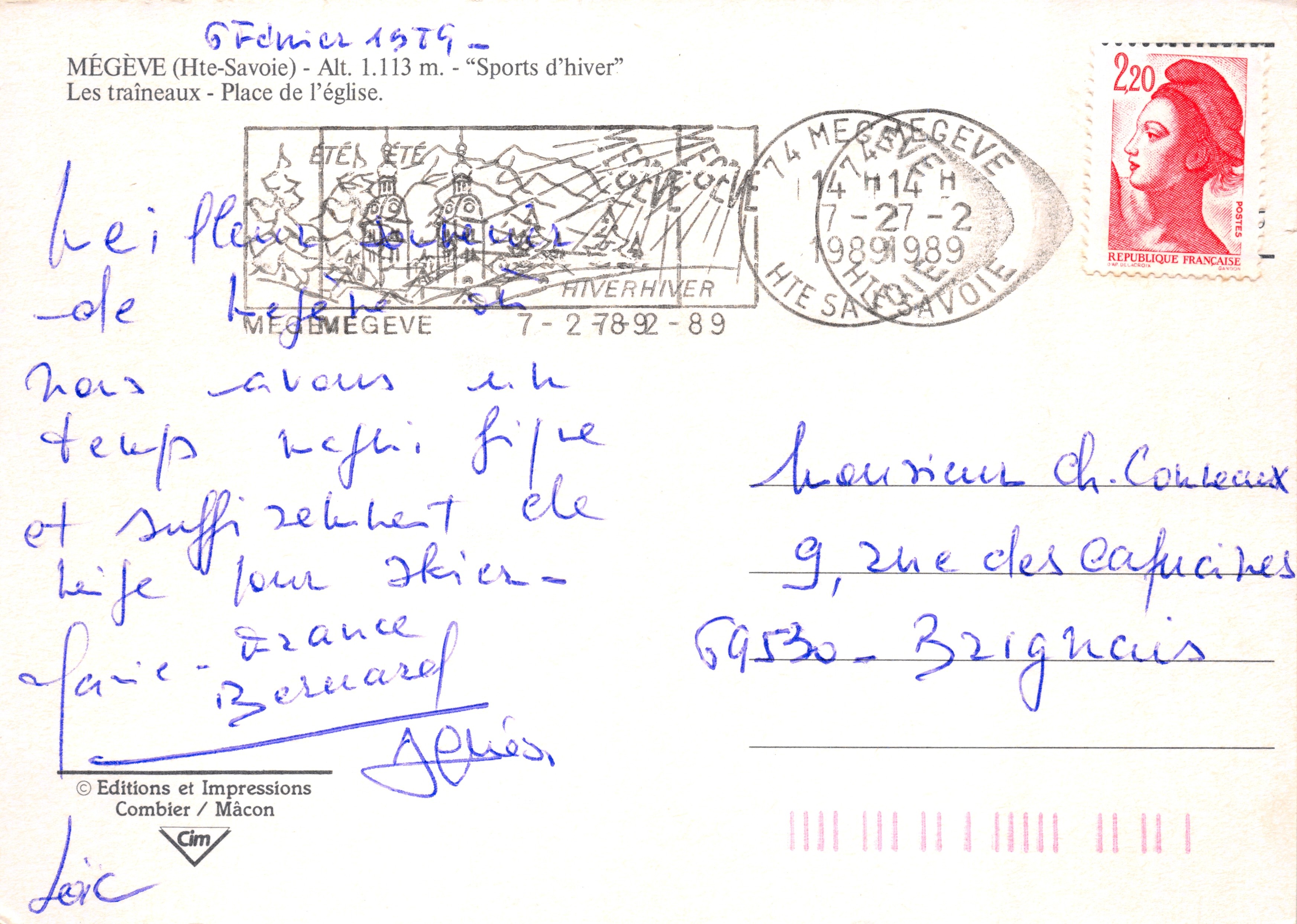 Mégeve — Vista de la Place de l'église con trineos de invierno — Éditions et Impressions Combier / Mâcon — Reverso