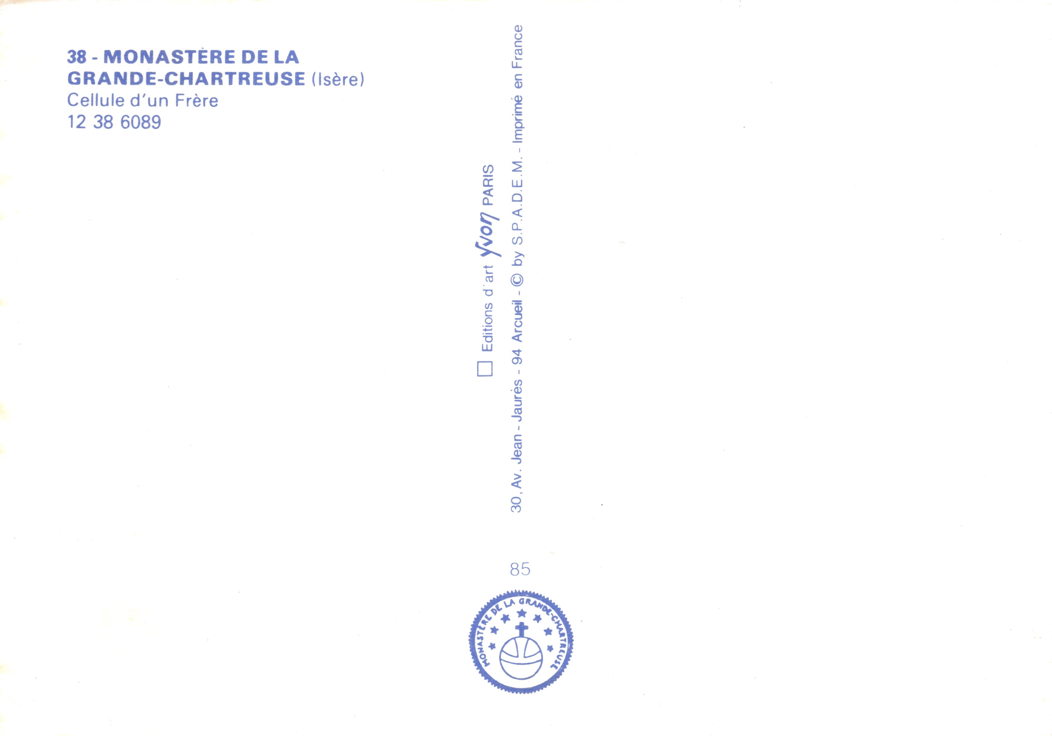 Monastère de la Grande-Charteuse — éditeur Yvon d'art — Verso