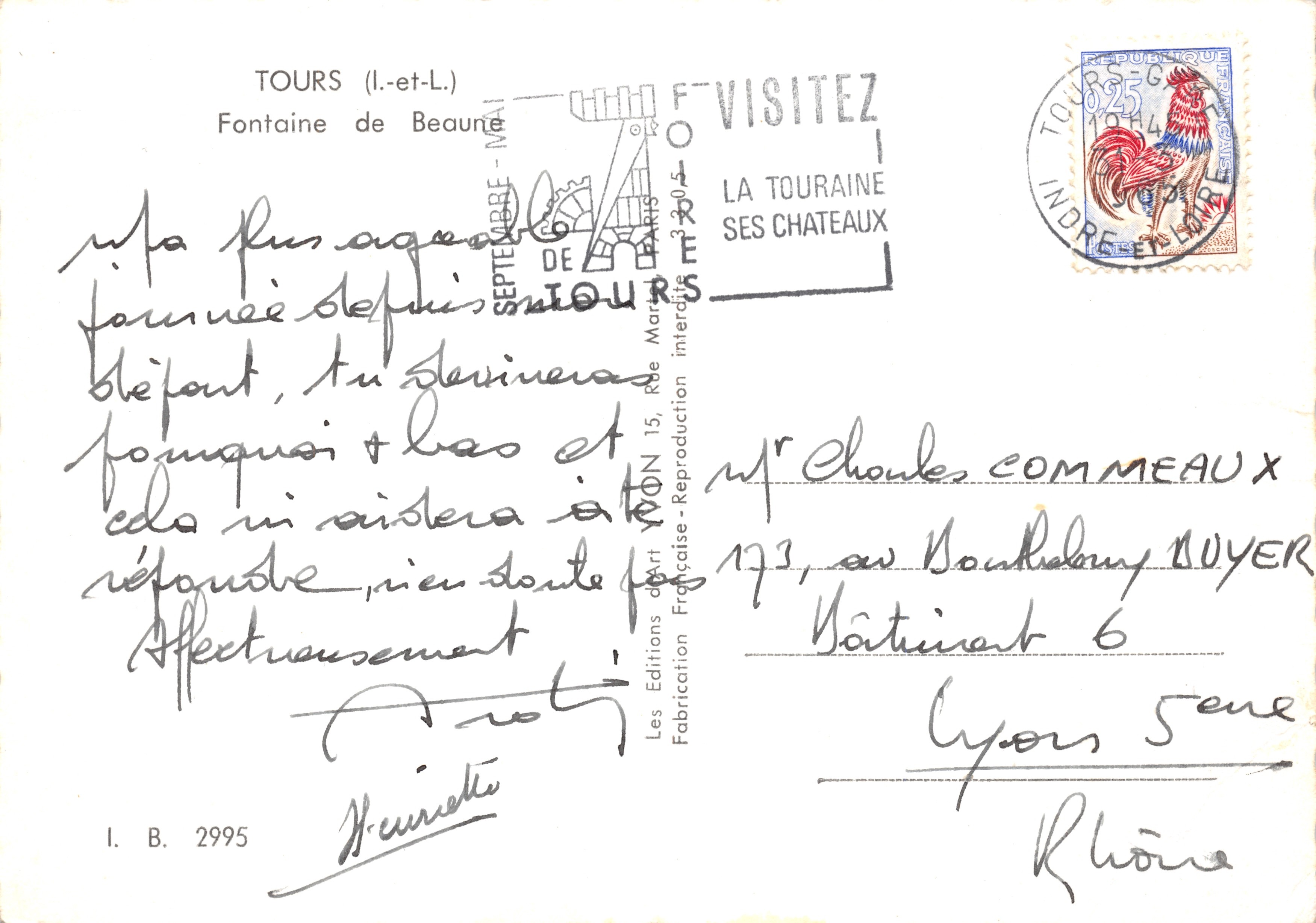 Fontaine de Beaune — Tours (Indre-et-Loire) — Les Éditions d'Art Française, n° I.B. 2995 — Achterkant