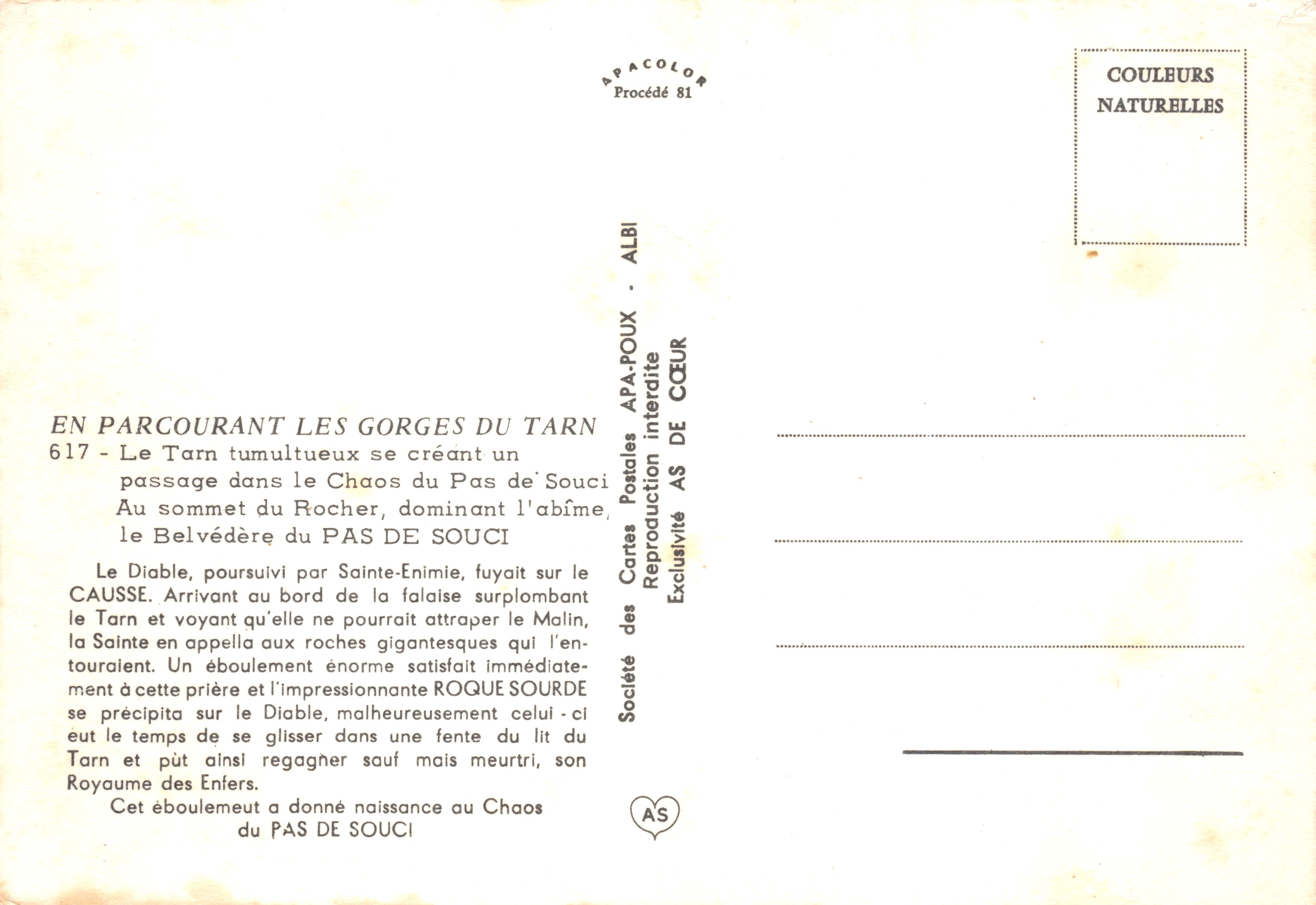Gorges du Tarn — Pas de Souci — Société des Cartes Postales APA-POUX — Reverso