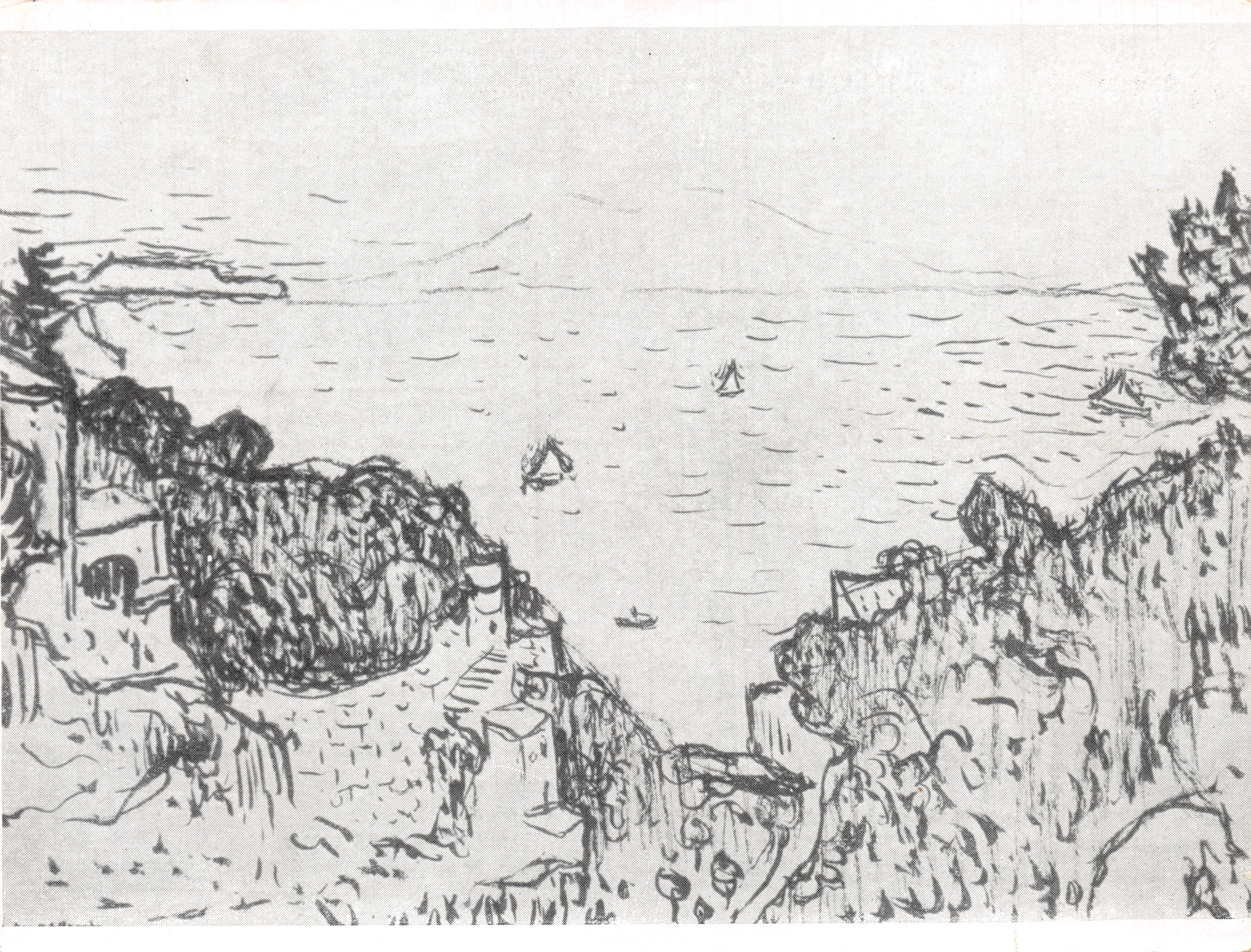Vista de la bahía de Nápoles — dibujo a tinta — editor 'Альбер Марке' (1873-1947), serie n.º 63