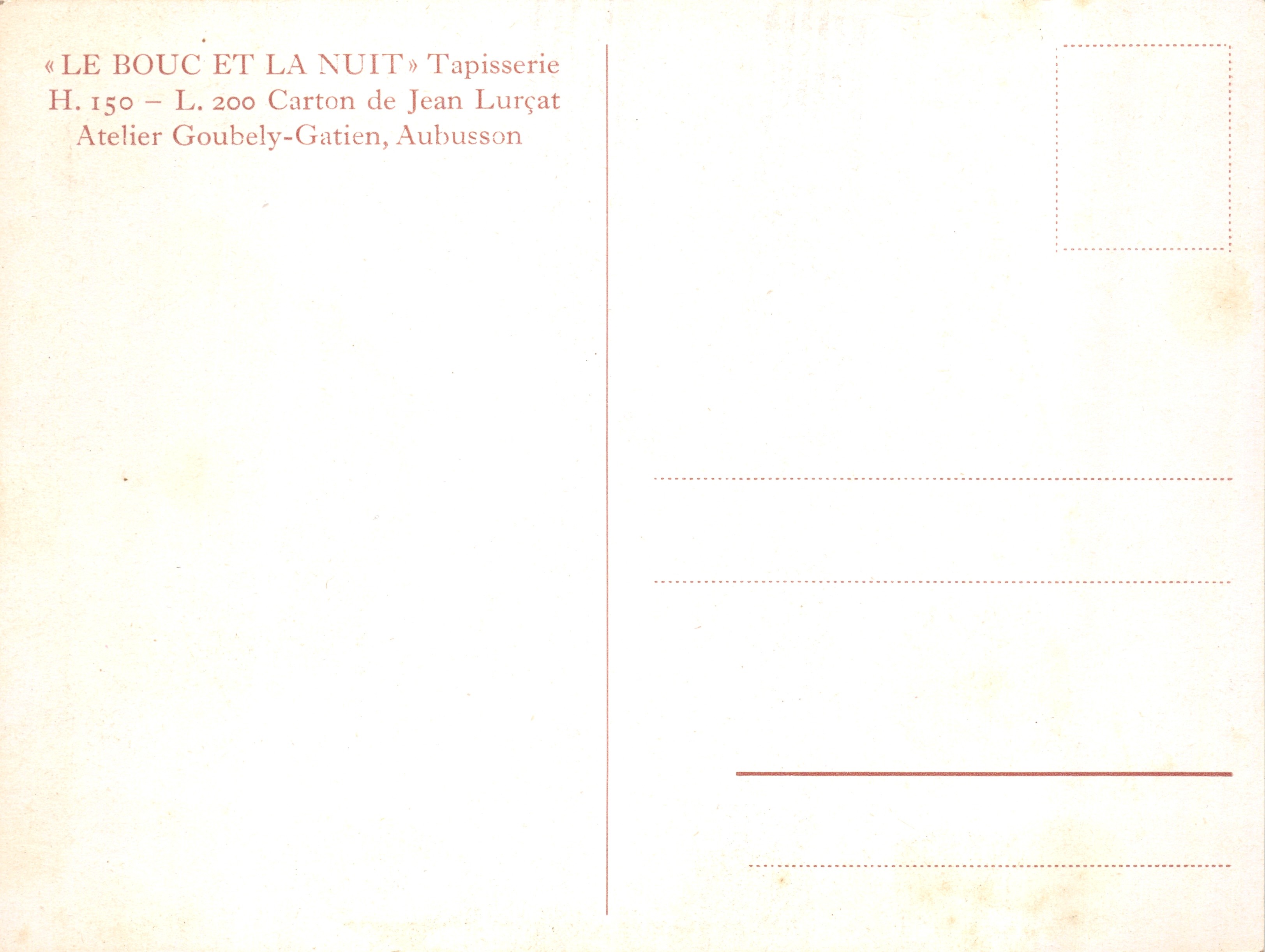 El Cabrito y la Noche — Tapicería — Tapicería de cartón de Jean Lurçat, Taller Goubely-Gatien, Aubusson — Reverso