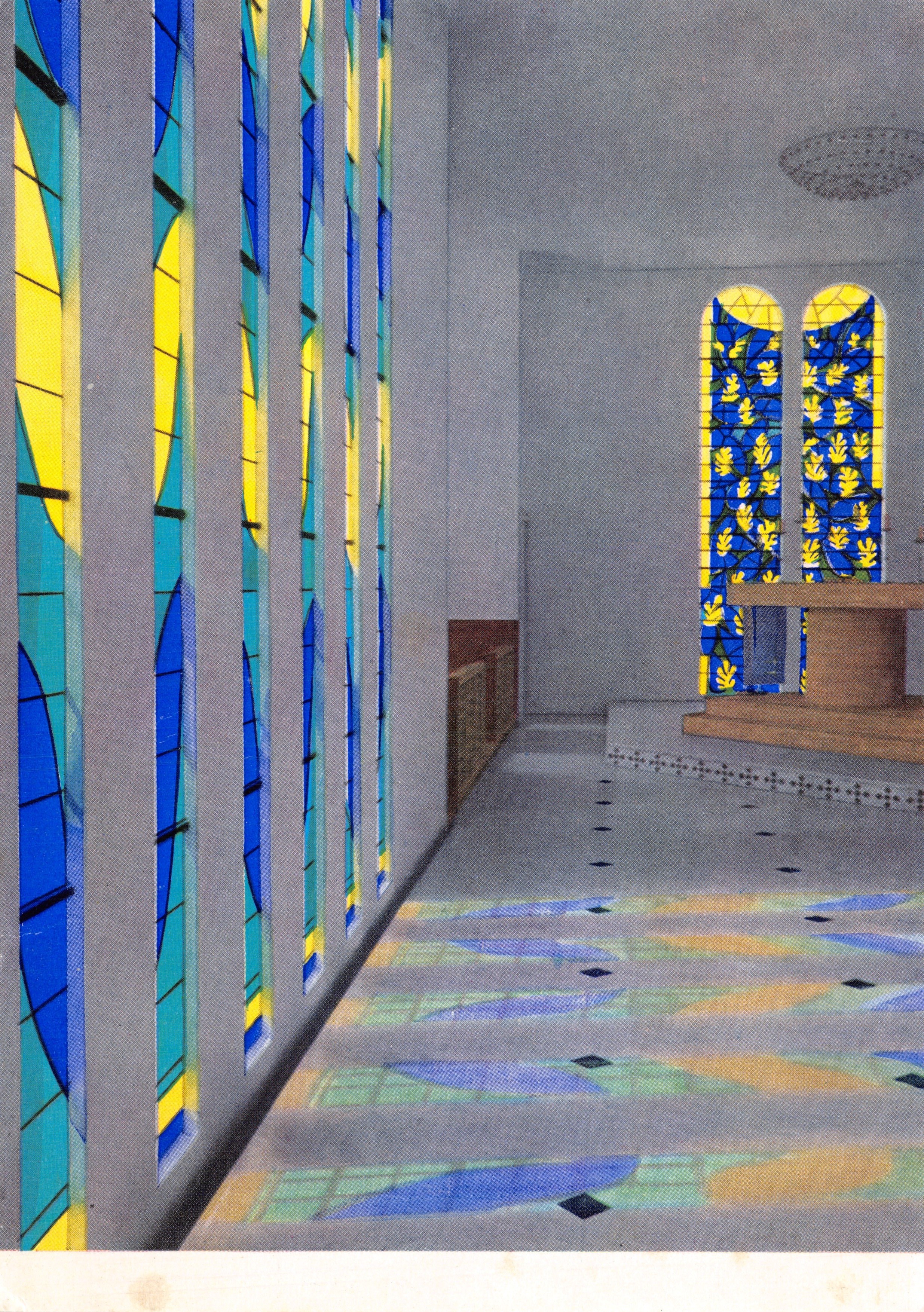 Chiesa del Rosario a Vence (Alpi Marittime) — interno con vetrate e pavimento decorato — Realizzata da Henri Matisse