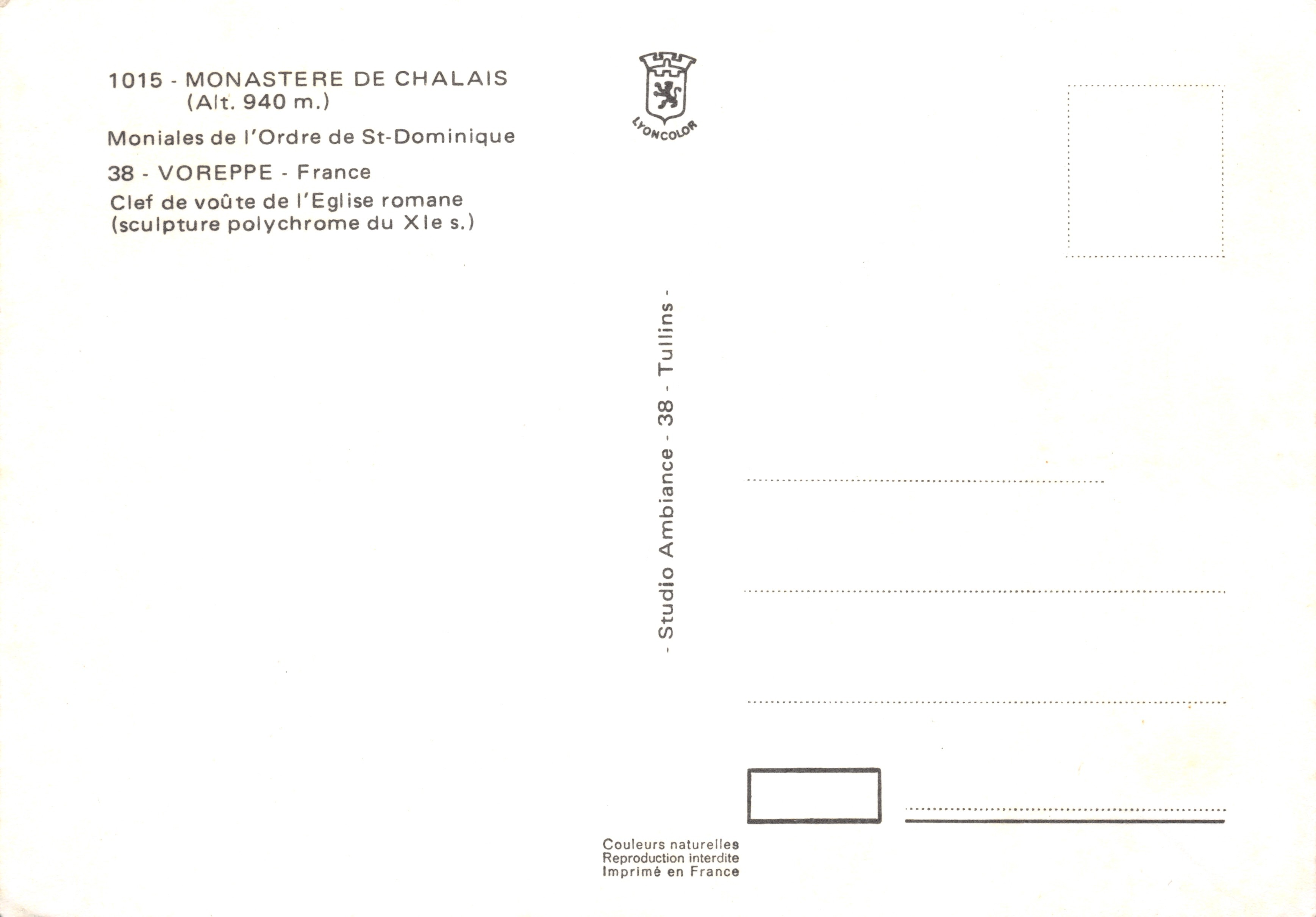 Moniales des Ordens von St-Dominique — Gewölbeschluss der romanischen Kirche — Studio Tullins — Rückseite