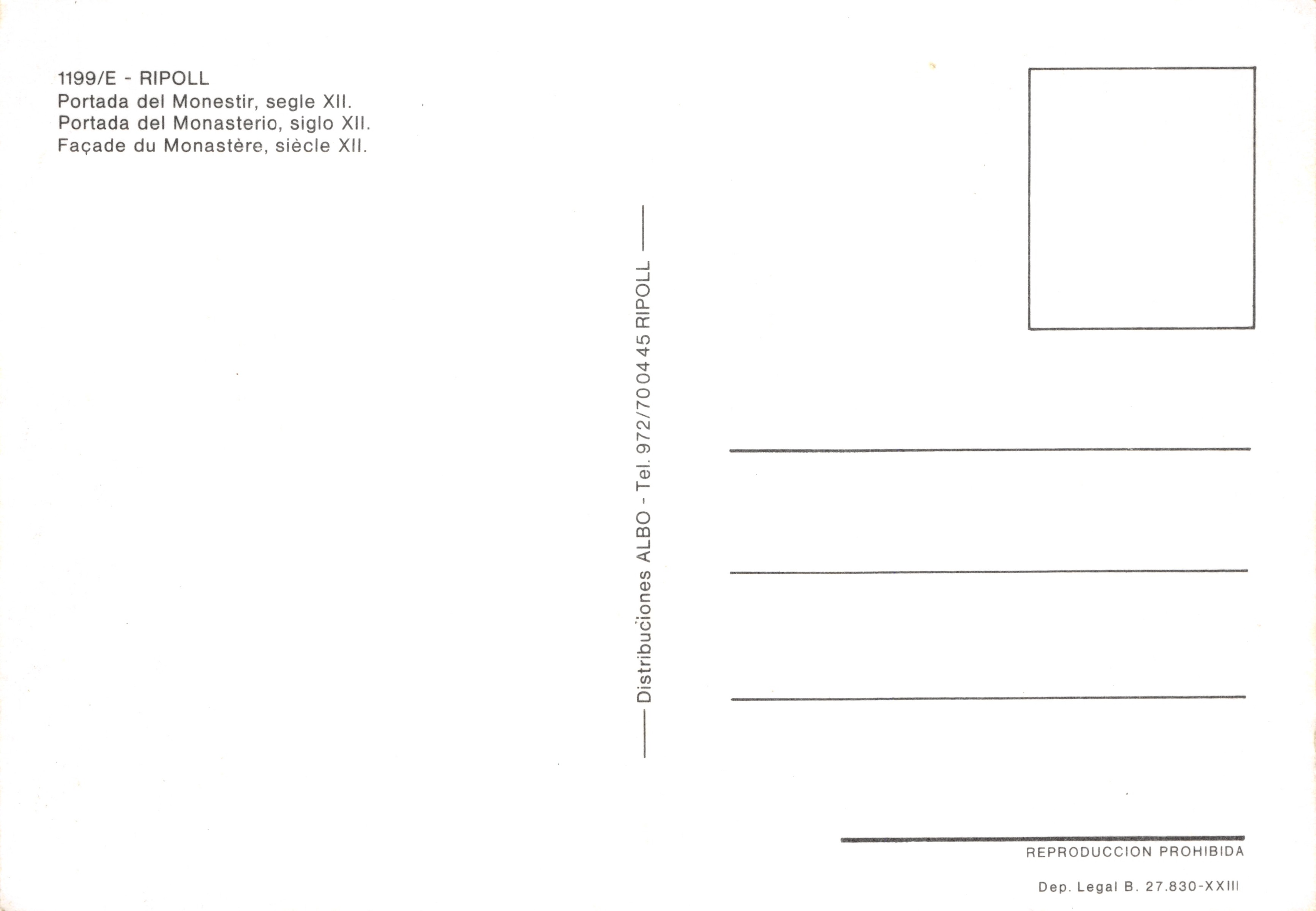 Portada del Monestir — façade sculptée du monastère du XIIe siècle — éditeur Distribuciones ALBO, n° 1199/E — Achterkant