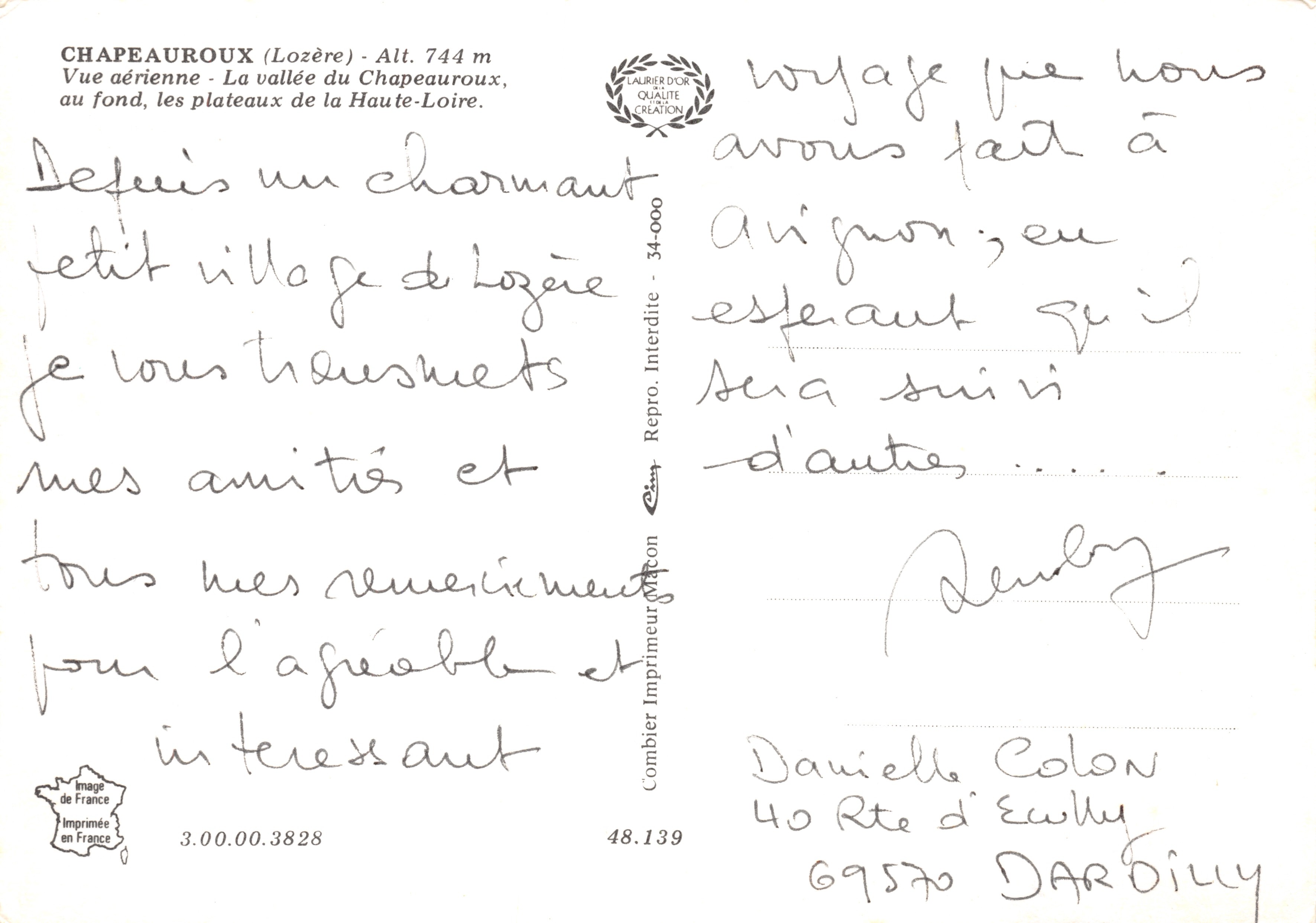 Chapeauroux (Lozère) — vue aérienne avec le viaduc et la vallée de la Haute-Loire — éditeur Combiére Imprimeur d'Art — Back