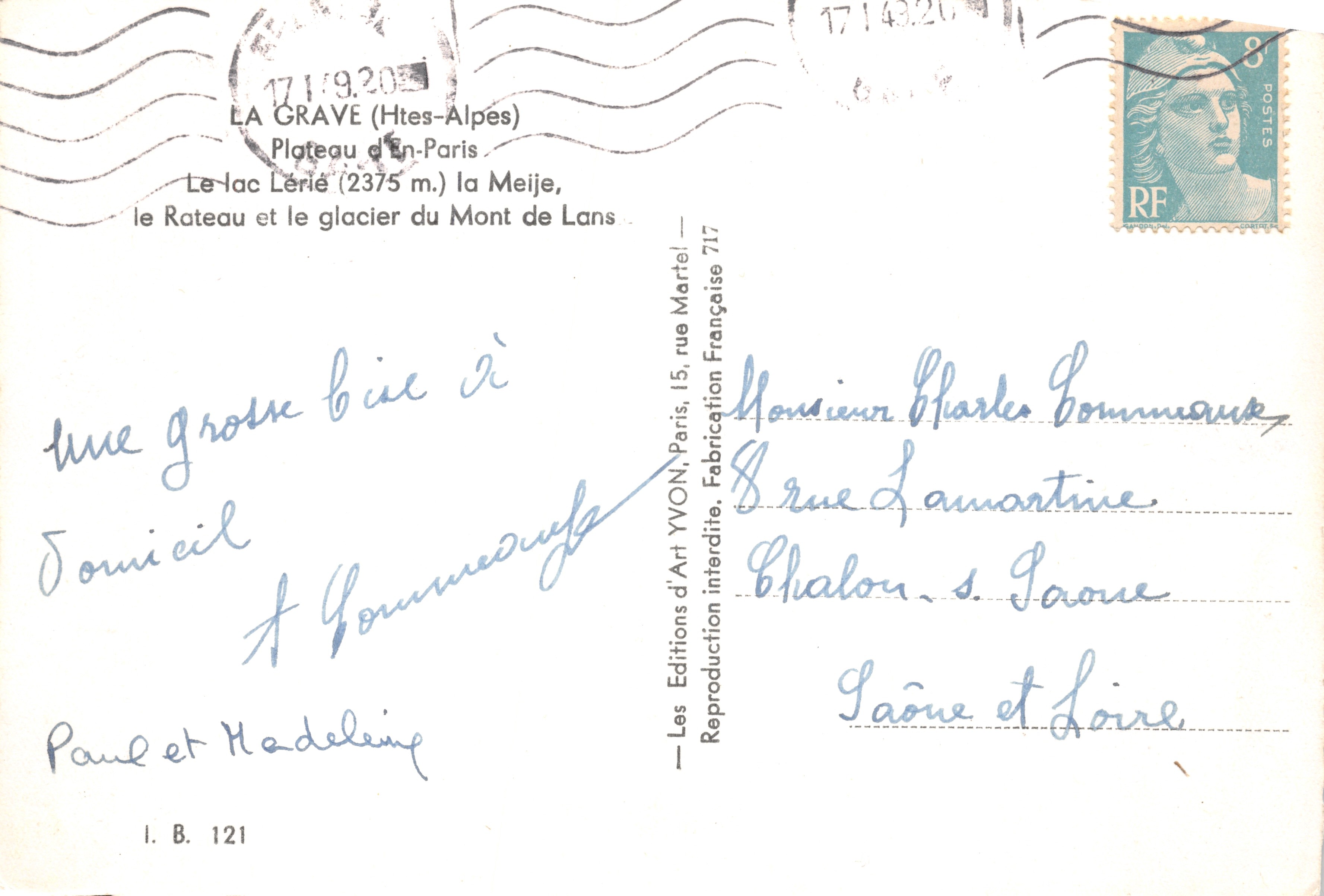 El lago Lérié — el Rateau y el glaciar del Mont de Lans — Editions d'Art YVON, Paris — Reverso
