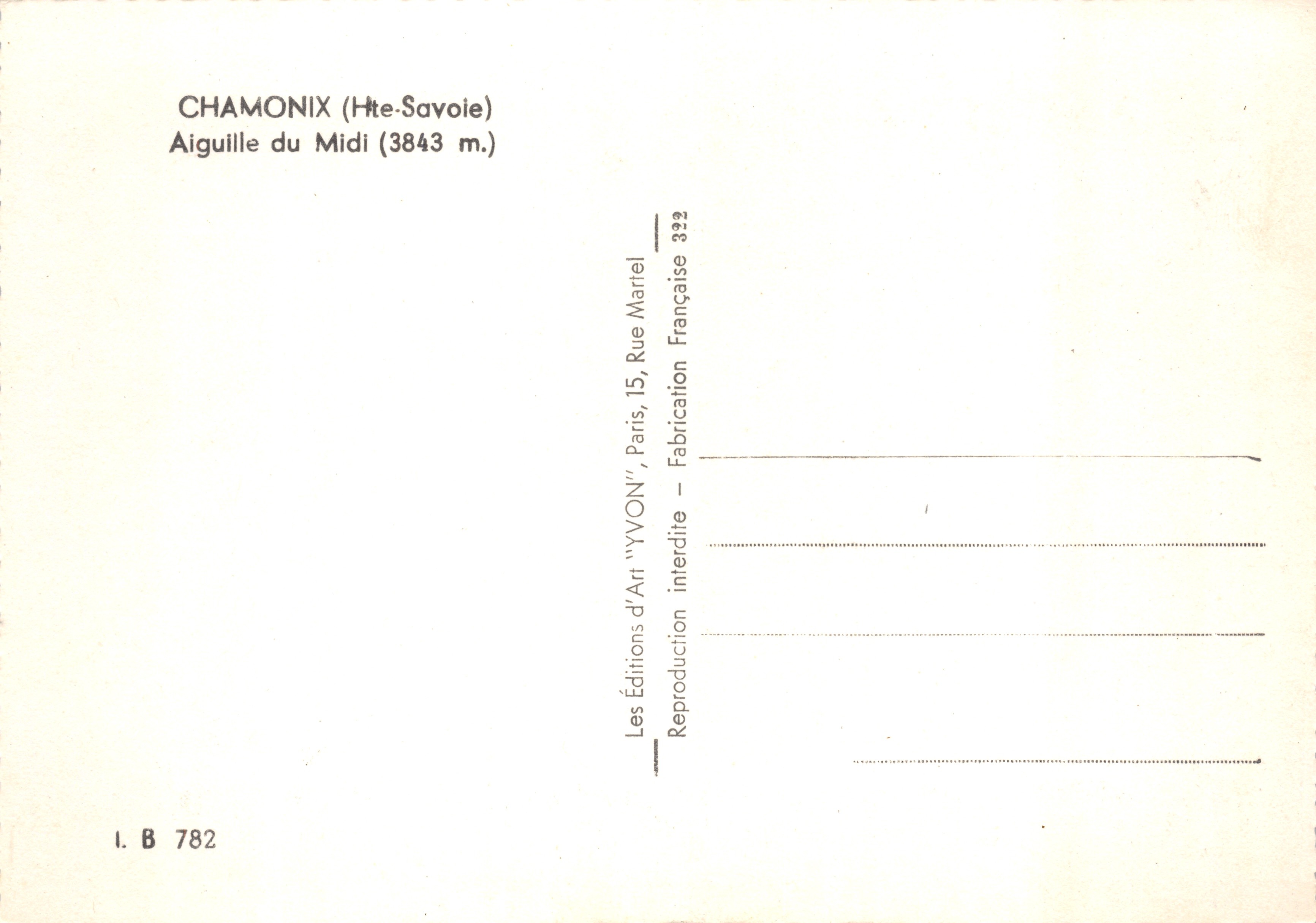 Aiguille du Midi — vue aérienne enneigée — éditeur YVON, n° 322 — Back