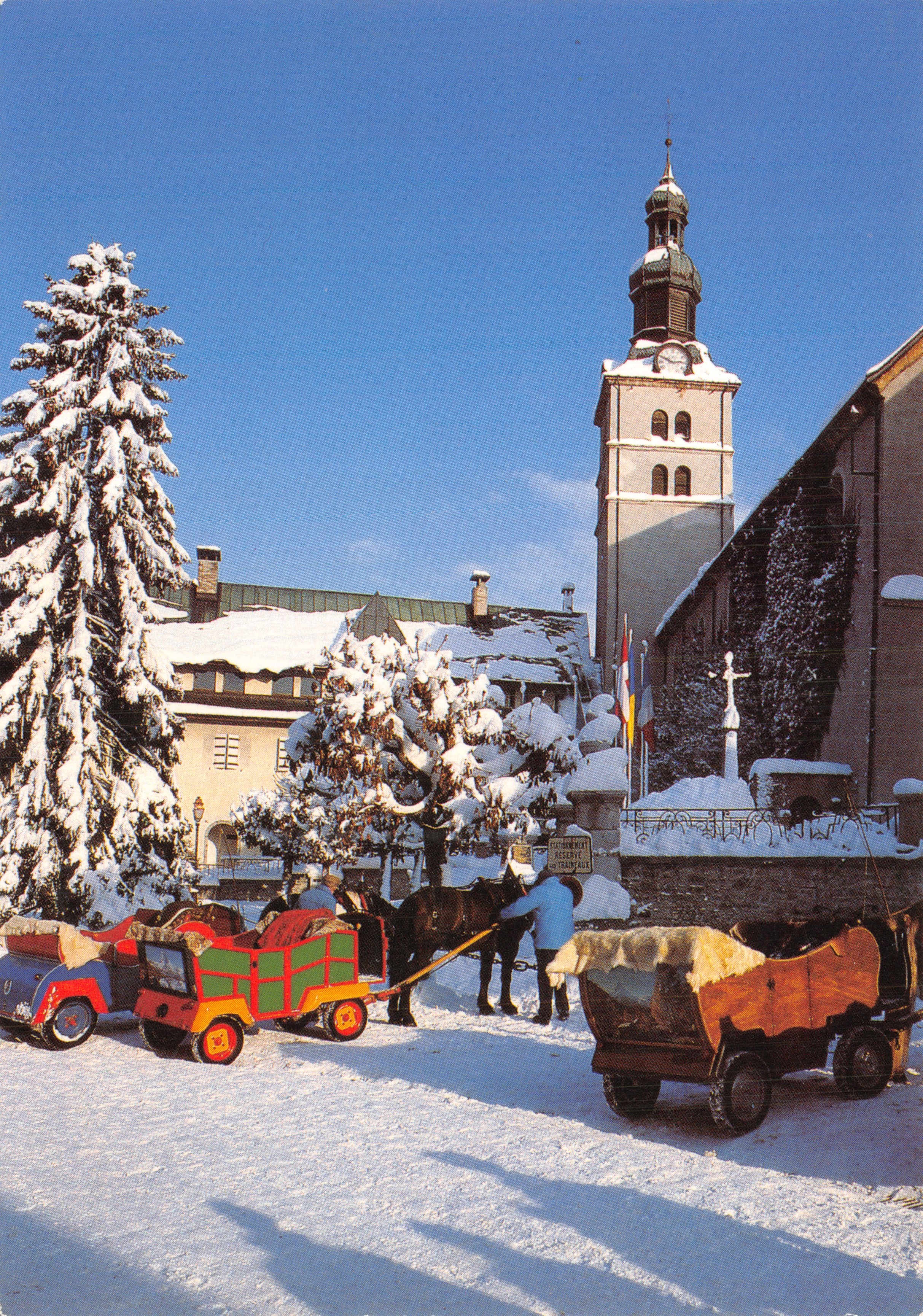 Mégeve — Place de l'Église avec attelages hivernaux — Cliché Socquet, Éditions interdite