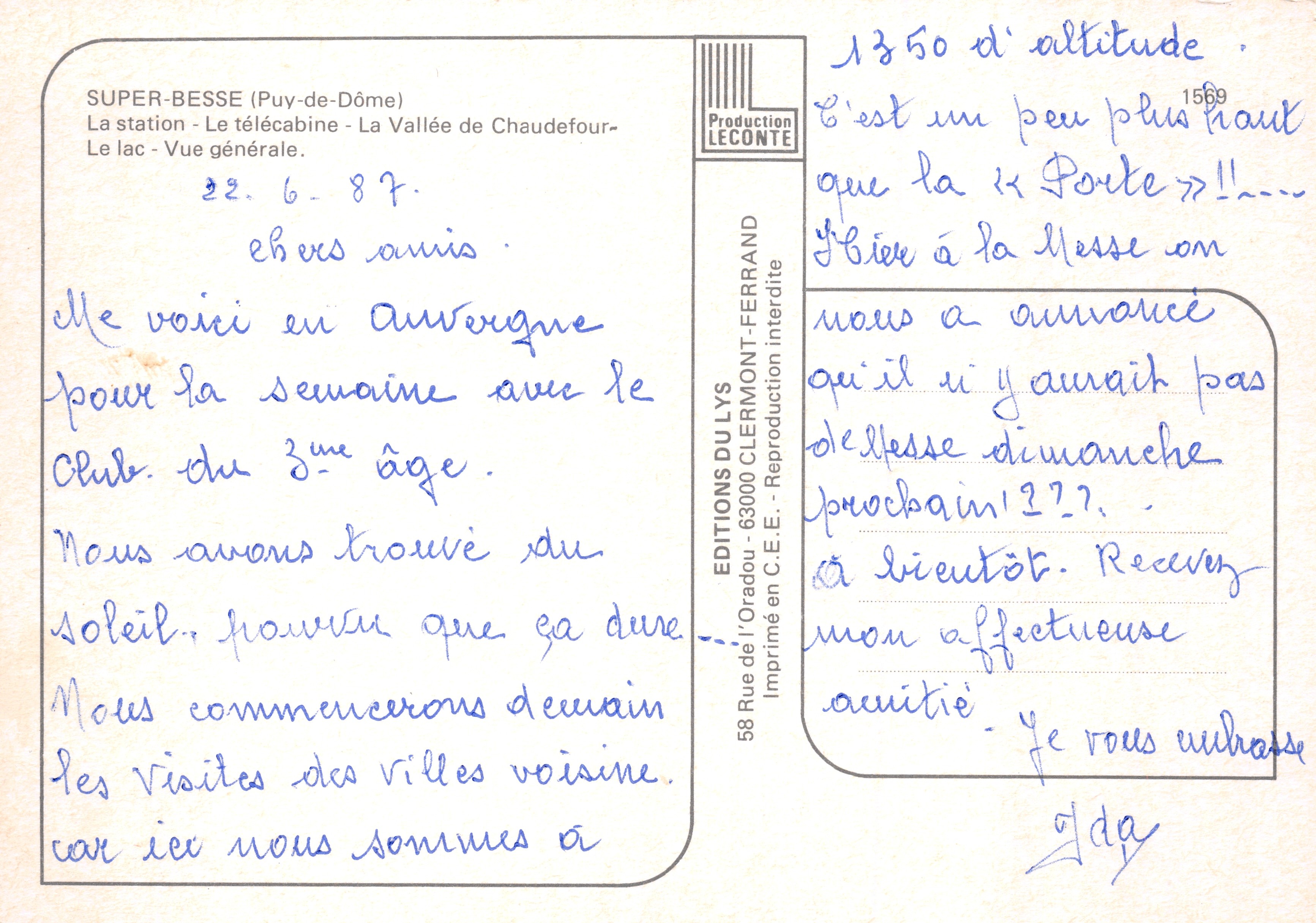 Super-Besse — vista generale con funivia e lago — Éditions du Lys — Verso