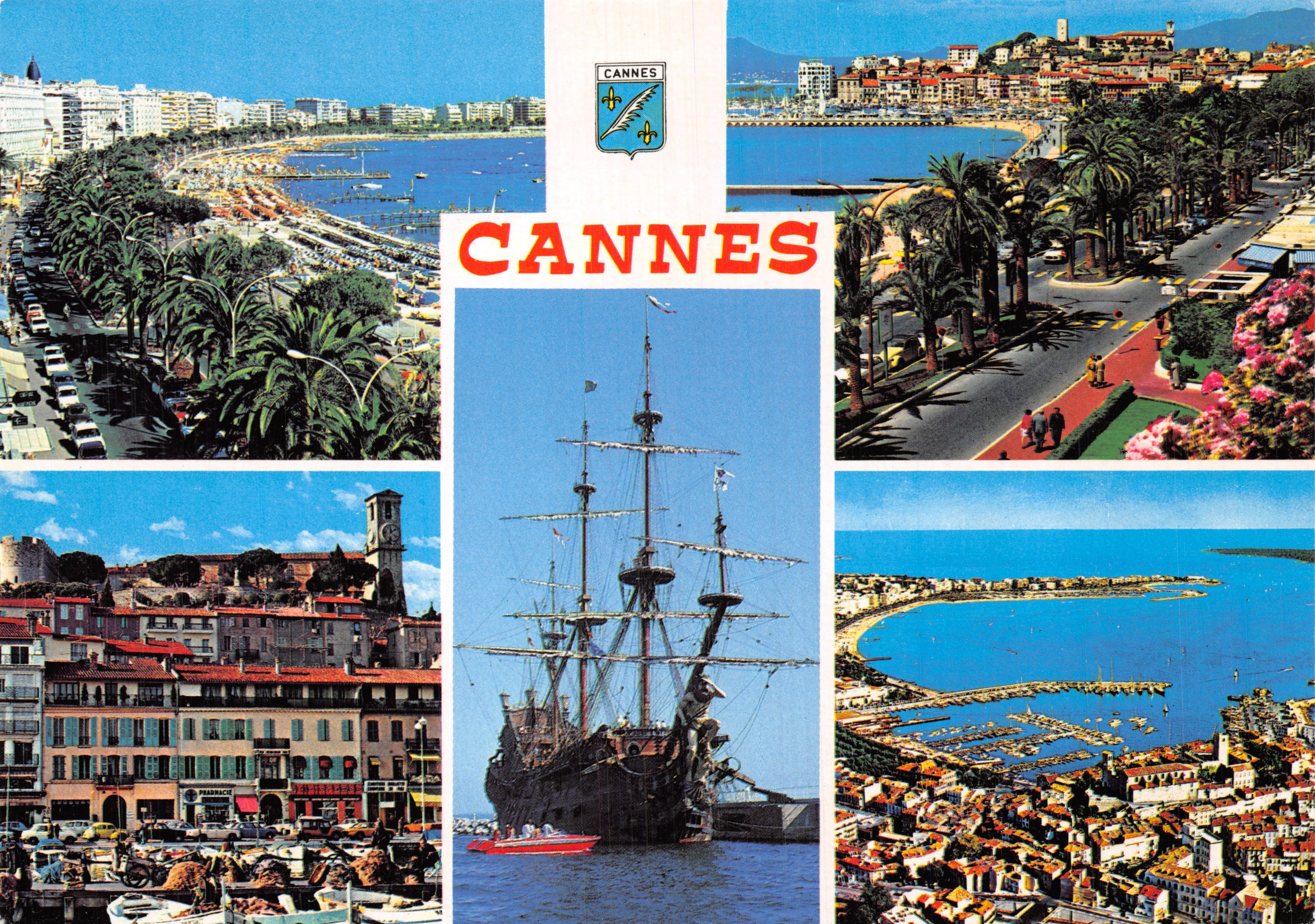 Cannes — vista panoramica e porto con barca a vela — editore Les Editions Gilletta
