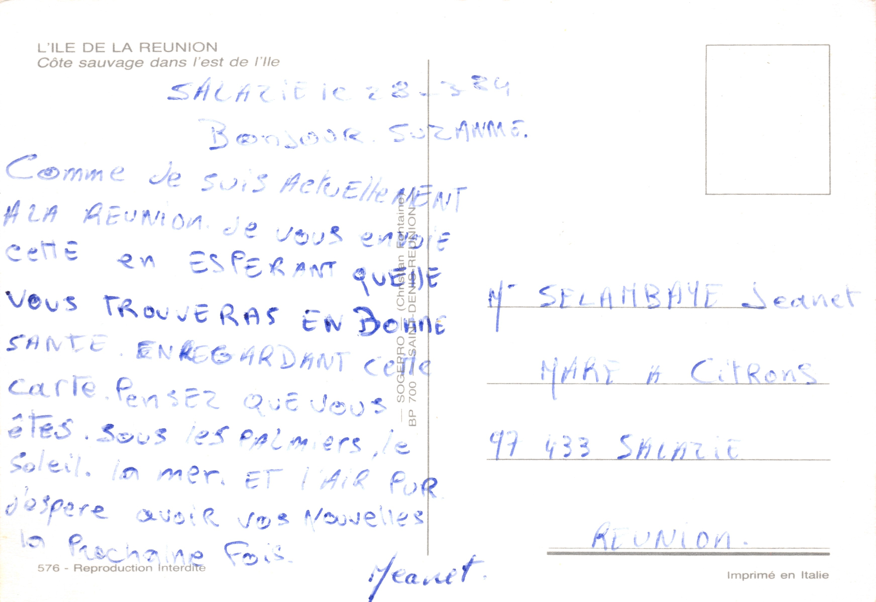 Salazie — Wild Coast in the east of the island — SOGERPRO (Christian Bertin) n° 576 — Back