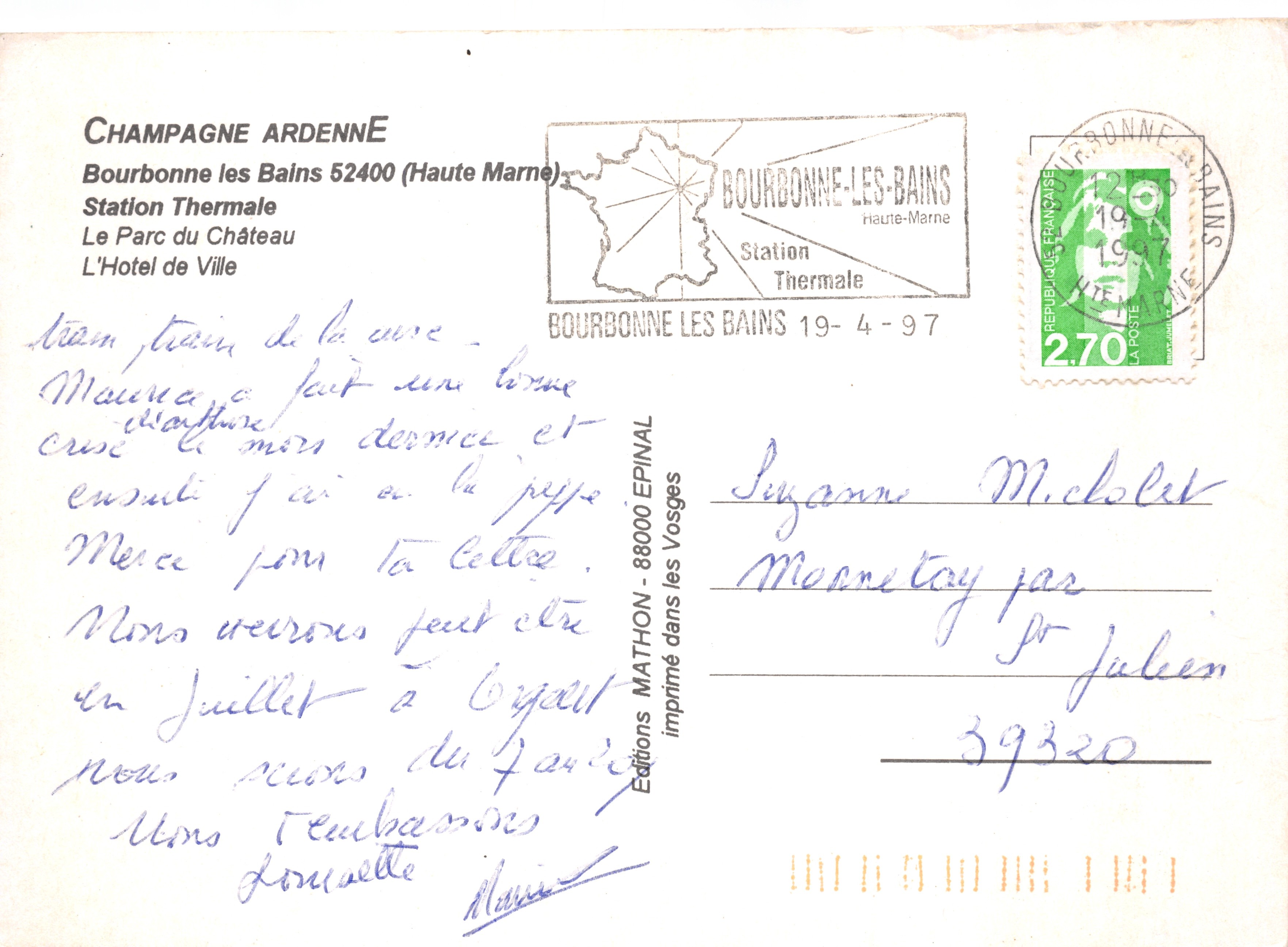 Bourbonne-les-Bains — vue du château à travers un portail — Éditions MATHON EPINAL — Verso