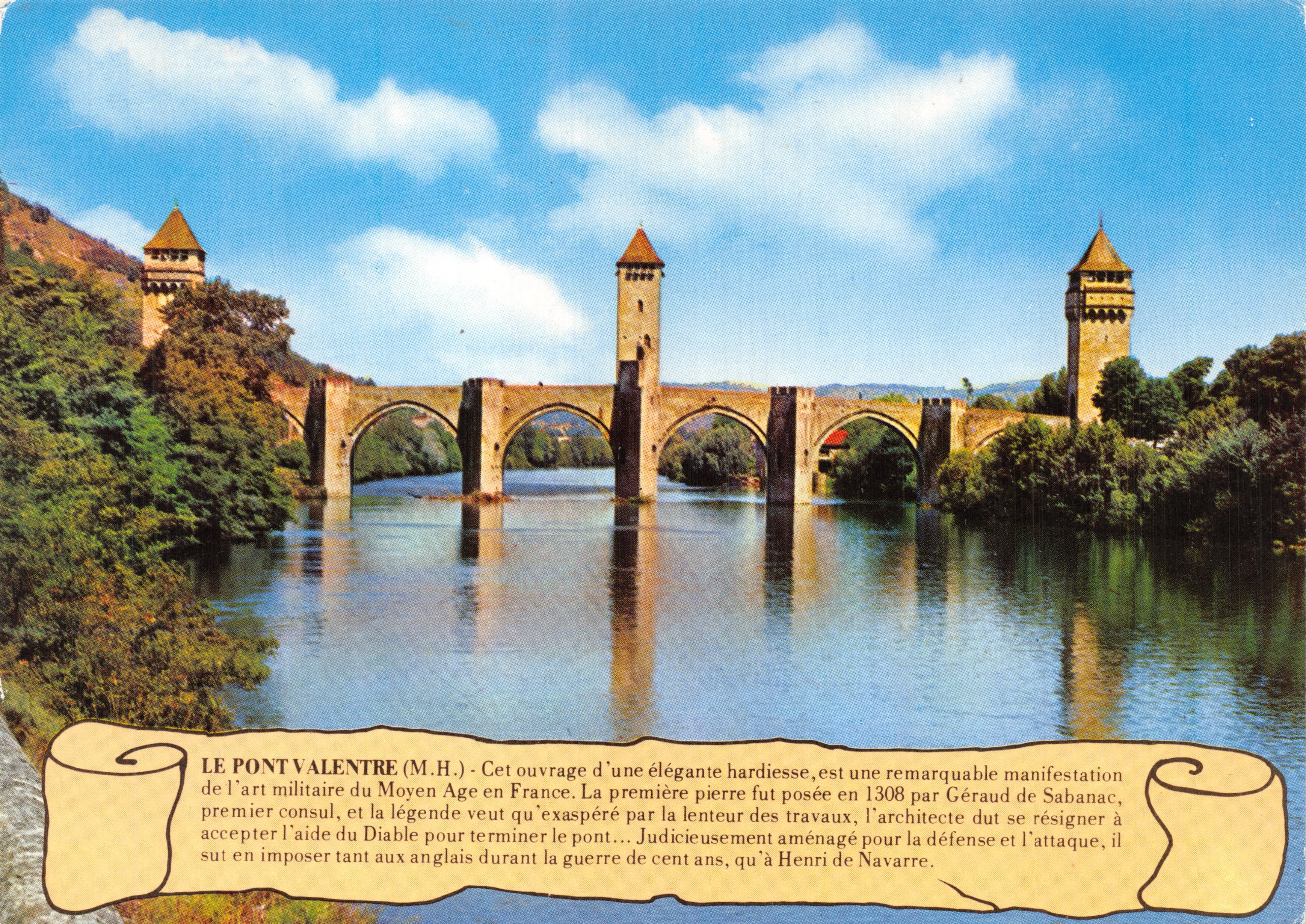 El Pont Valentre (M.H.) — puente de piedra con tres torres sobre un río, editor S.A. Cartes Postales APA-POUX ALBI, n.º 1001