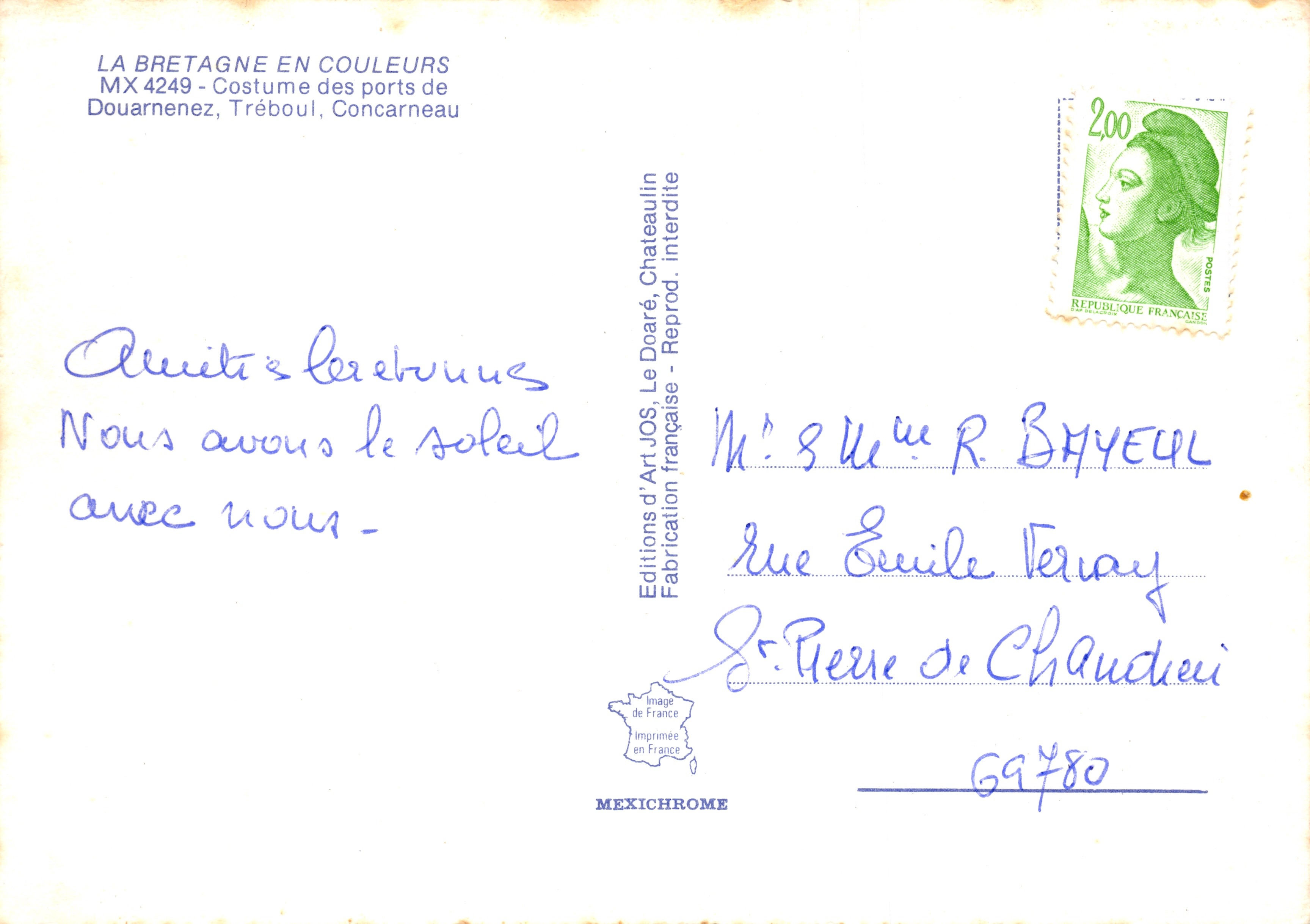 Femme en costume breton — vue de Douarnenez, Tréboul, Concarneau — Éditions d'Art Jos, n° MX 4249 — Reverso