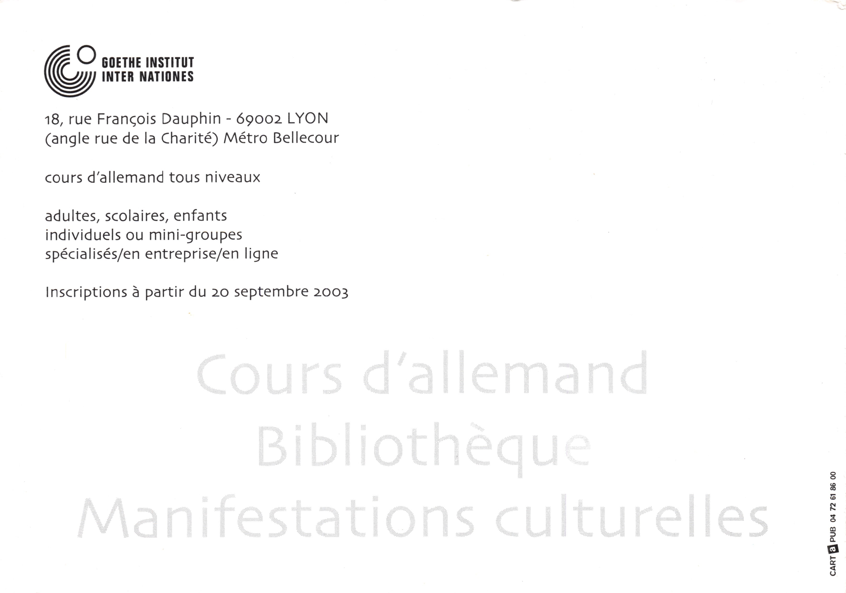 Tarjeta publicitaria Goethe Institut Inter Nations Lyon — dibujo de Christian Emil Topan para el « Día europeo de la lengua alemana » — Reverso