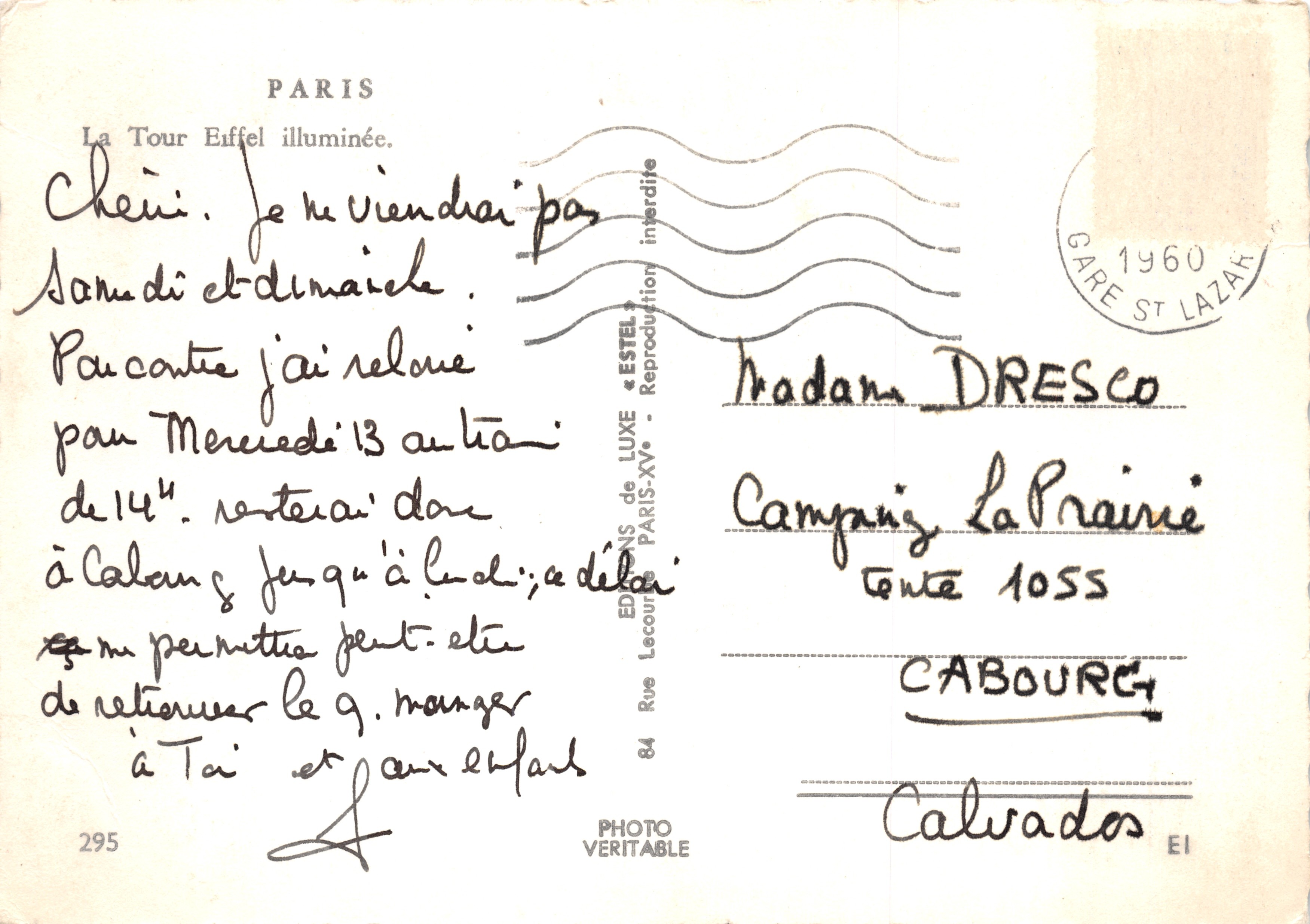 La Tour Eiffel illuminée — vue nocturne — Éditeur Estel, n°295 — Achterkant