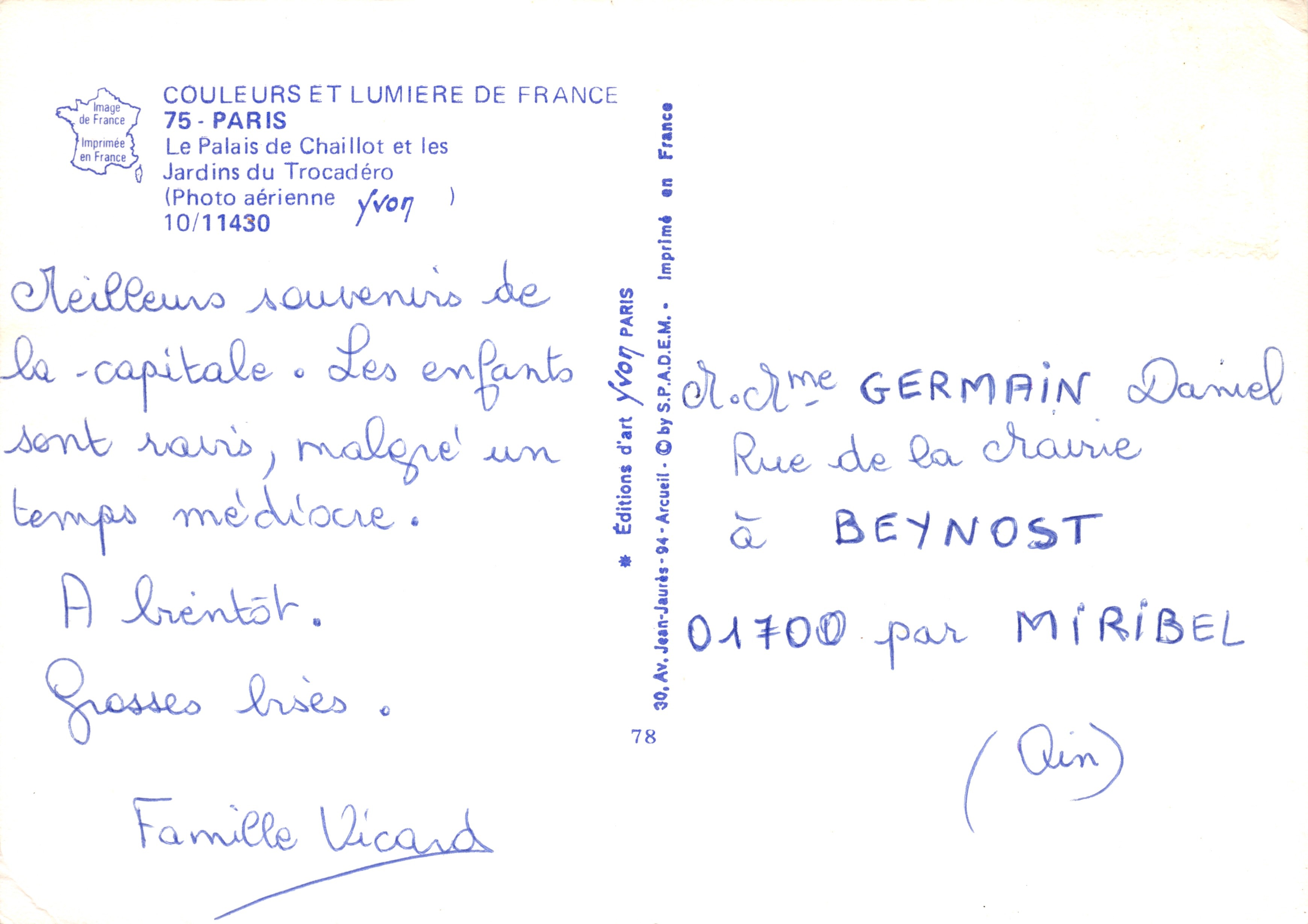 París — Palais de Chaillot y Jardins du Trocadéro — Impreso en la tarjeta por S.P.A.D.E.M. n°10/11430 — Reverso