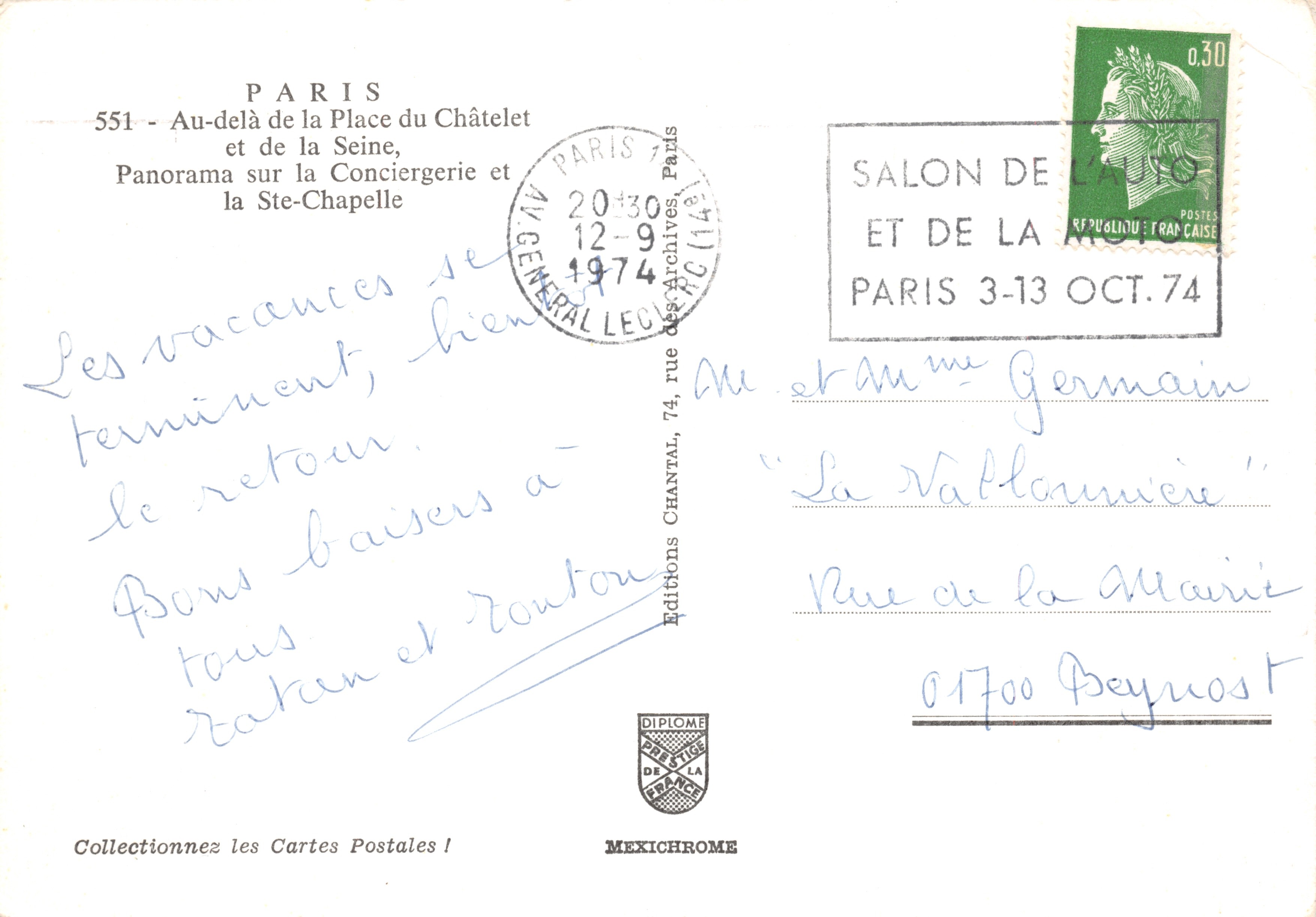 Paris — Panorama au-delà de la Place du Châtelet et de la Seine, avec la Conciergerie et la Sainte-Chapelle — Éditions Chantal, n°551 — Achterkant