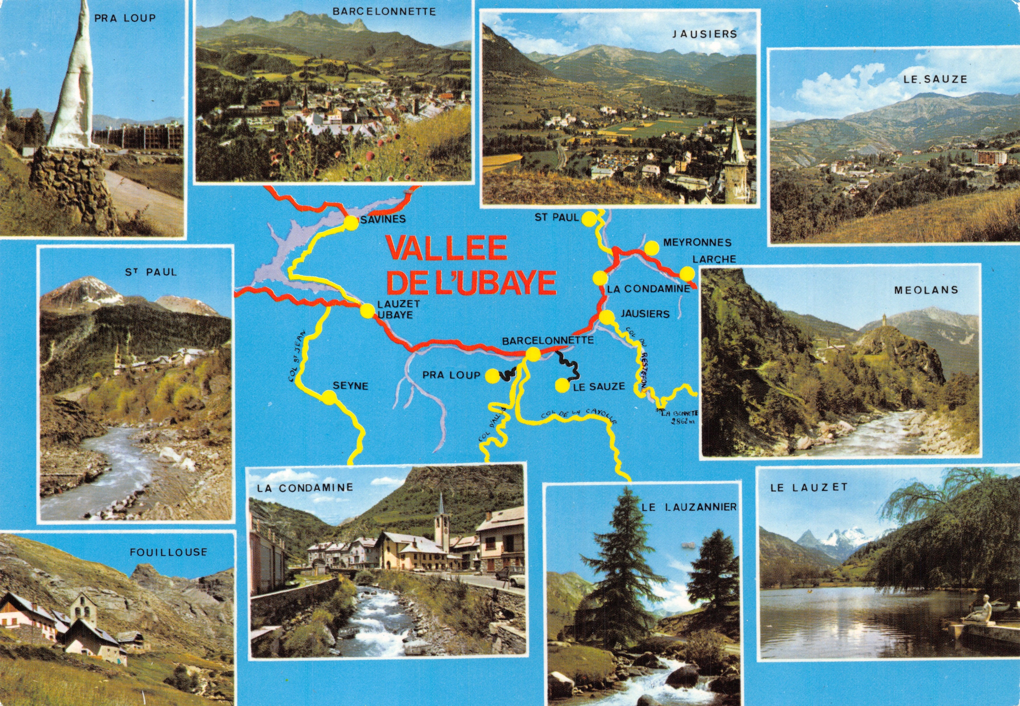 Vallee de l'Ubaye — carte postale panoramique avec vue sur Pra Loup, Barcelonnette, Jausiers, Le Lauzet, Le Sauze, et autres villages — éditeur MAR, NICE