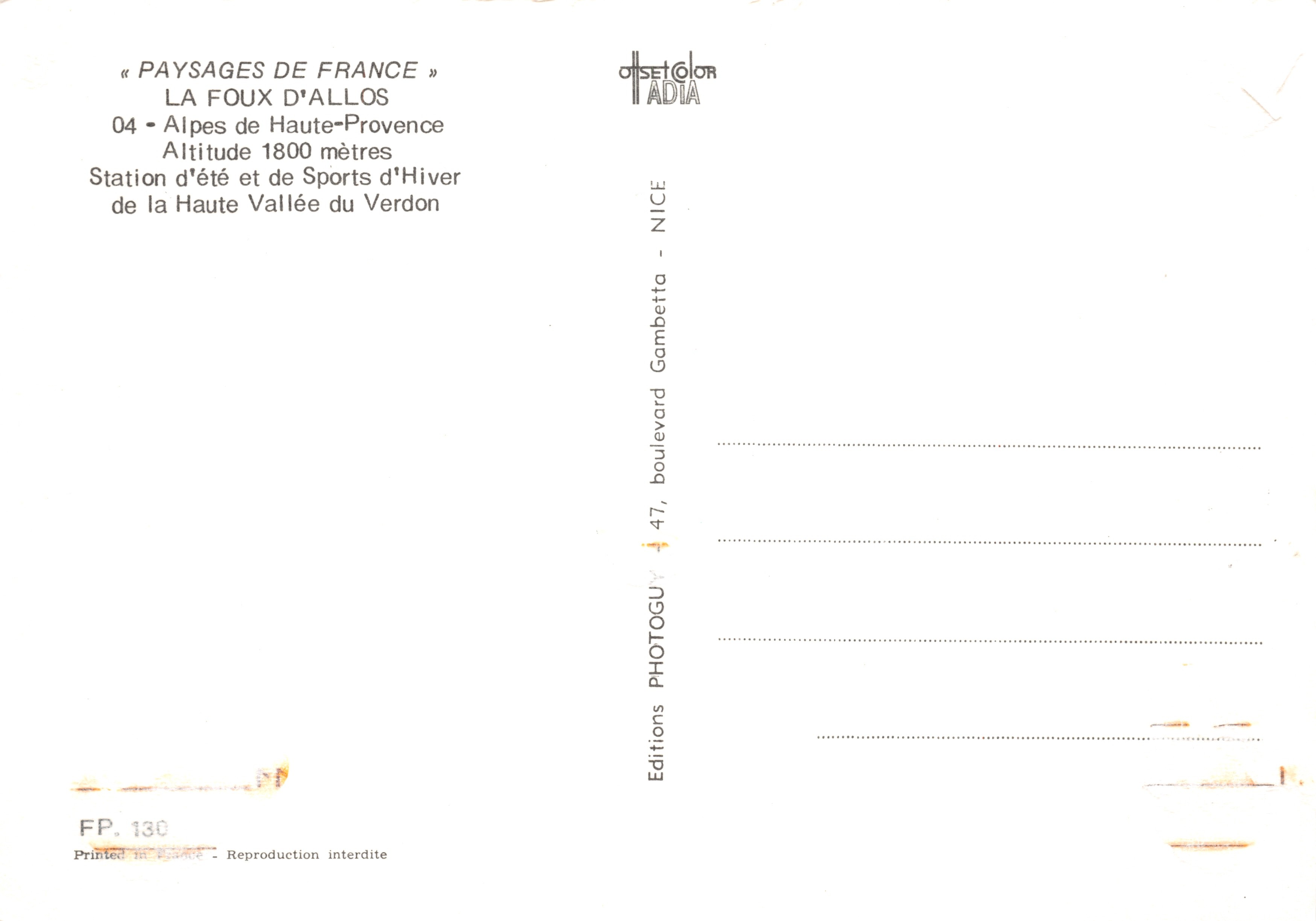 La Fouix d'Allos — station de sports d'hiver à 1800 mètres — éditeur OSETOR ADIA — Achterkant