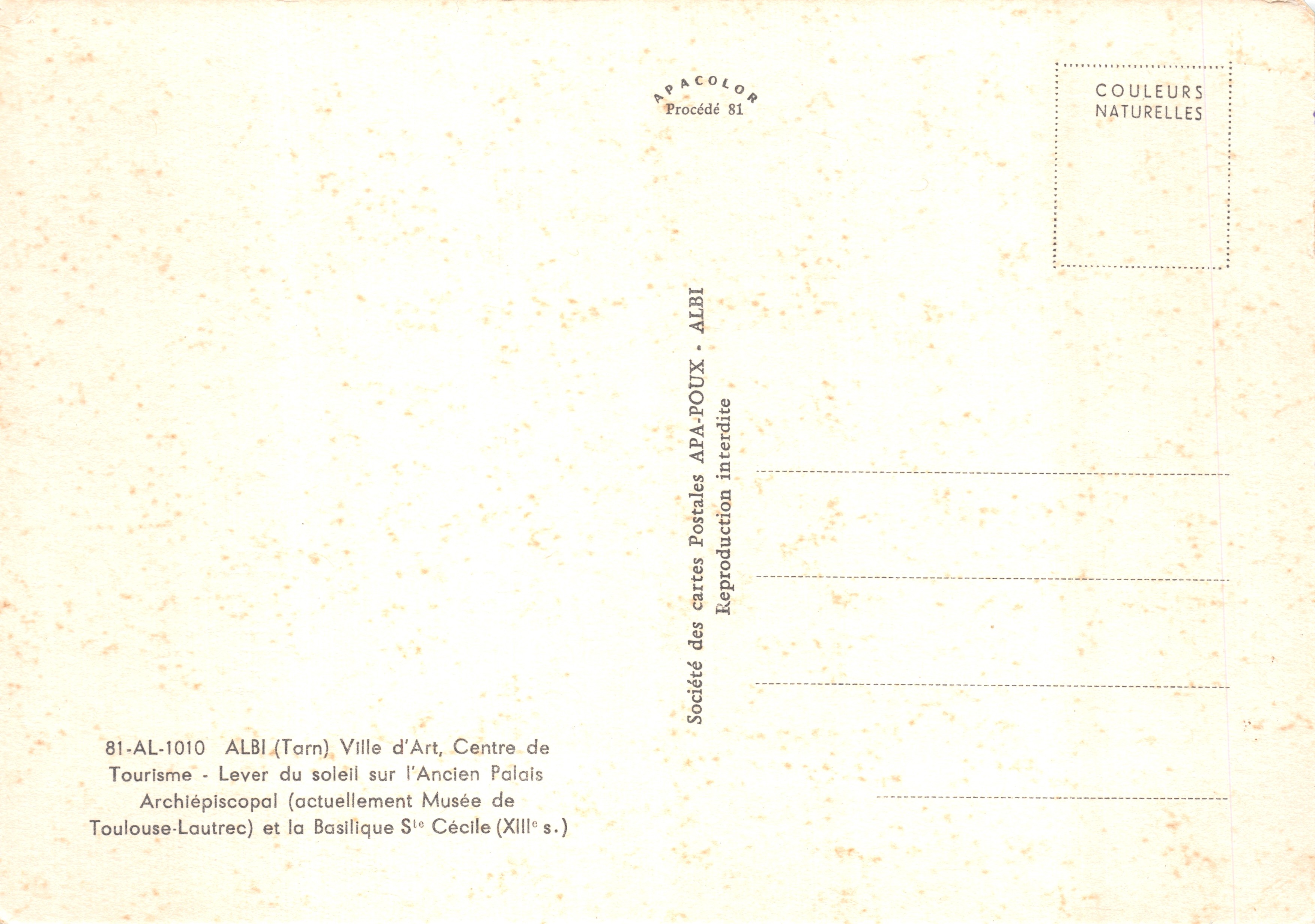 Albi — Lever du soleil sur l'Ancien Palais Archiépiscopal et la Basilique Sainte-Cécile (XIIIe s.) — Société des cartes Postales APA-POUX — Achterkant