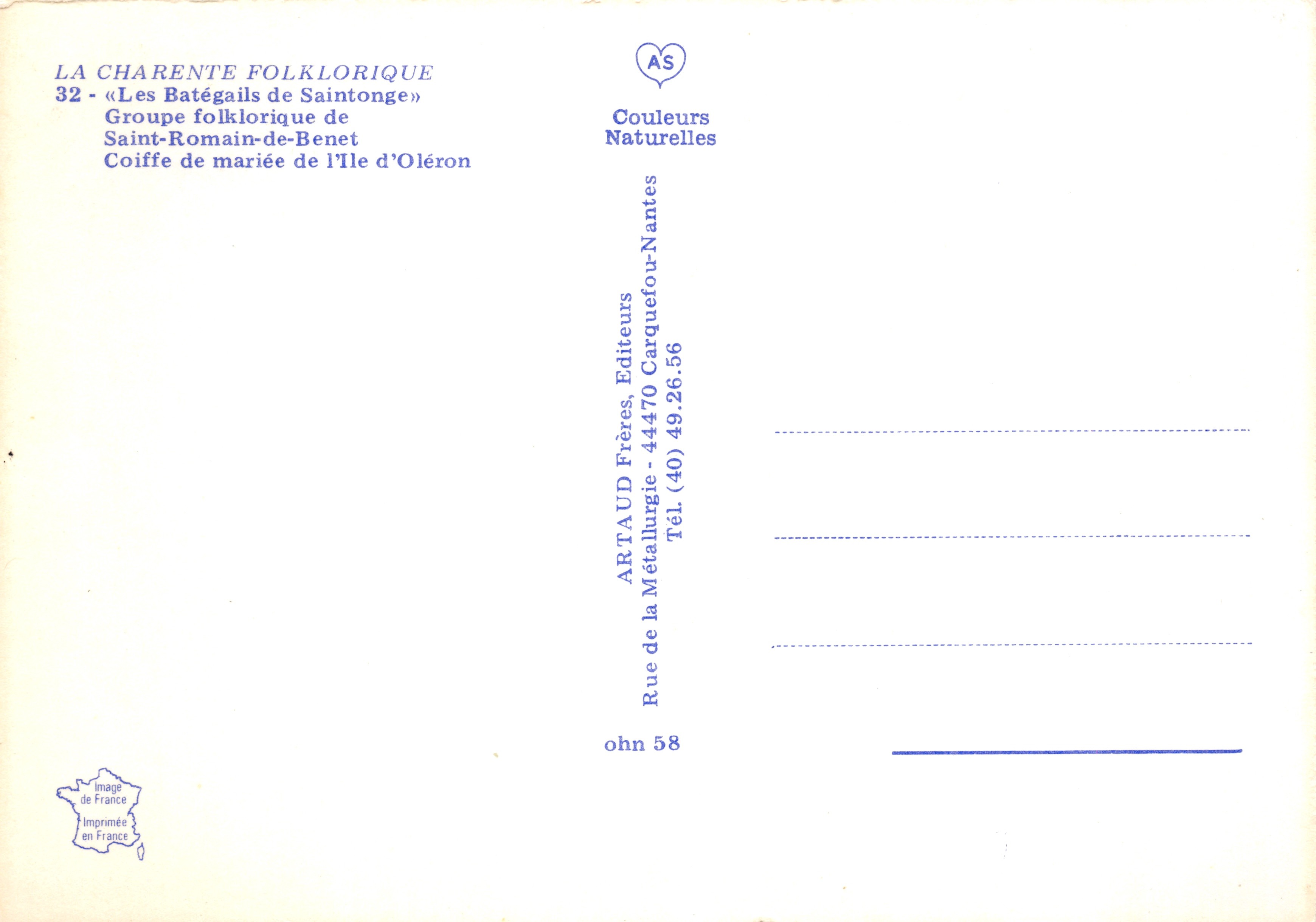 Frau im traditionellen Kleid — Brautkappe von Île d'Oléron — Verlag ARTAUD Frères — Rückseite