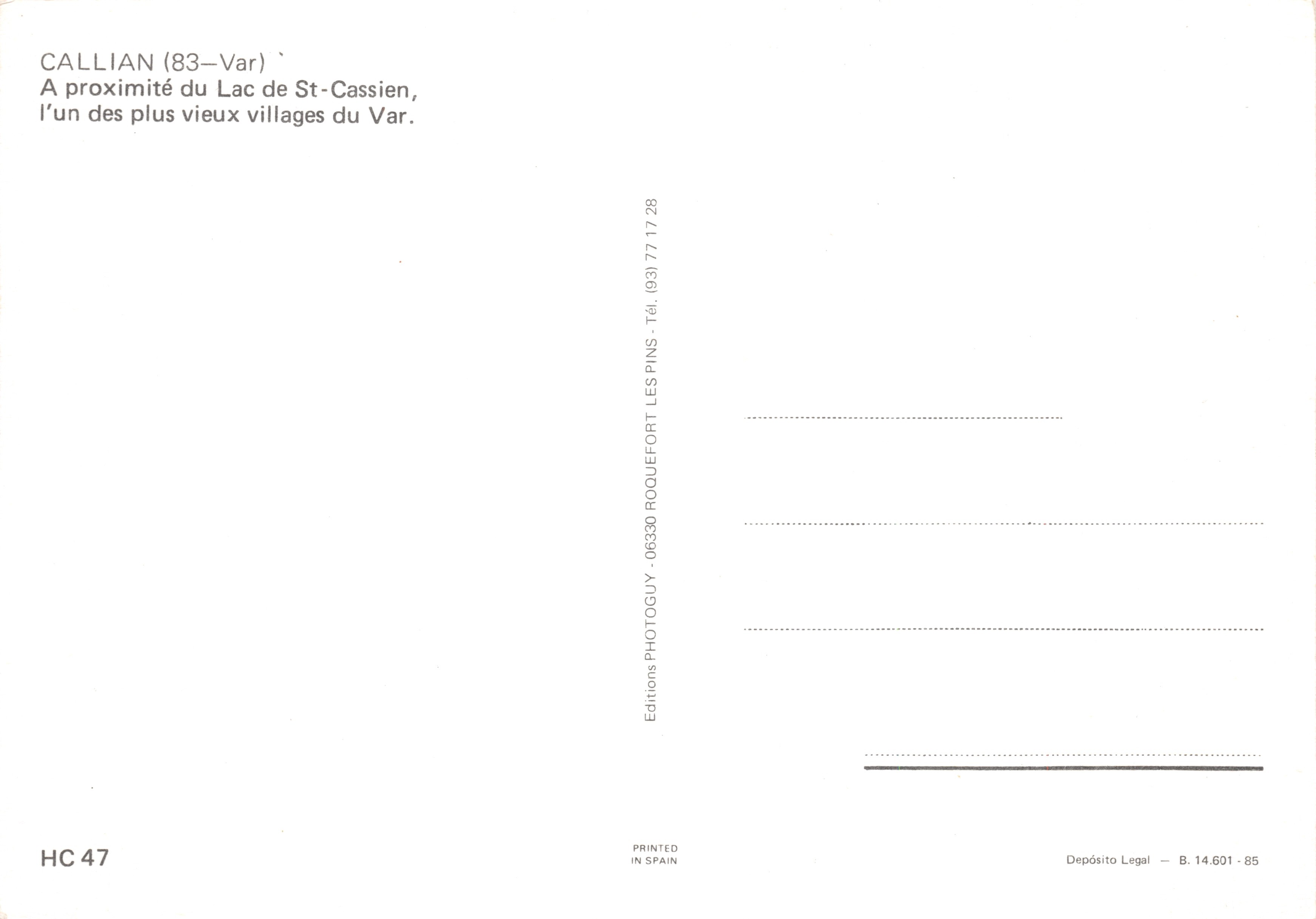 Callian — vue panoramique et tour médiévale — Editions Photoguay — Achterkant