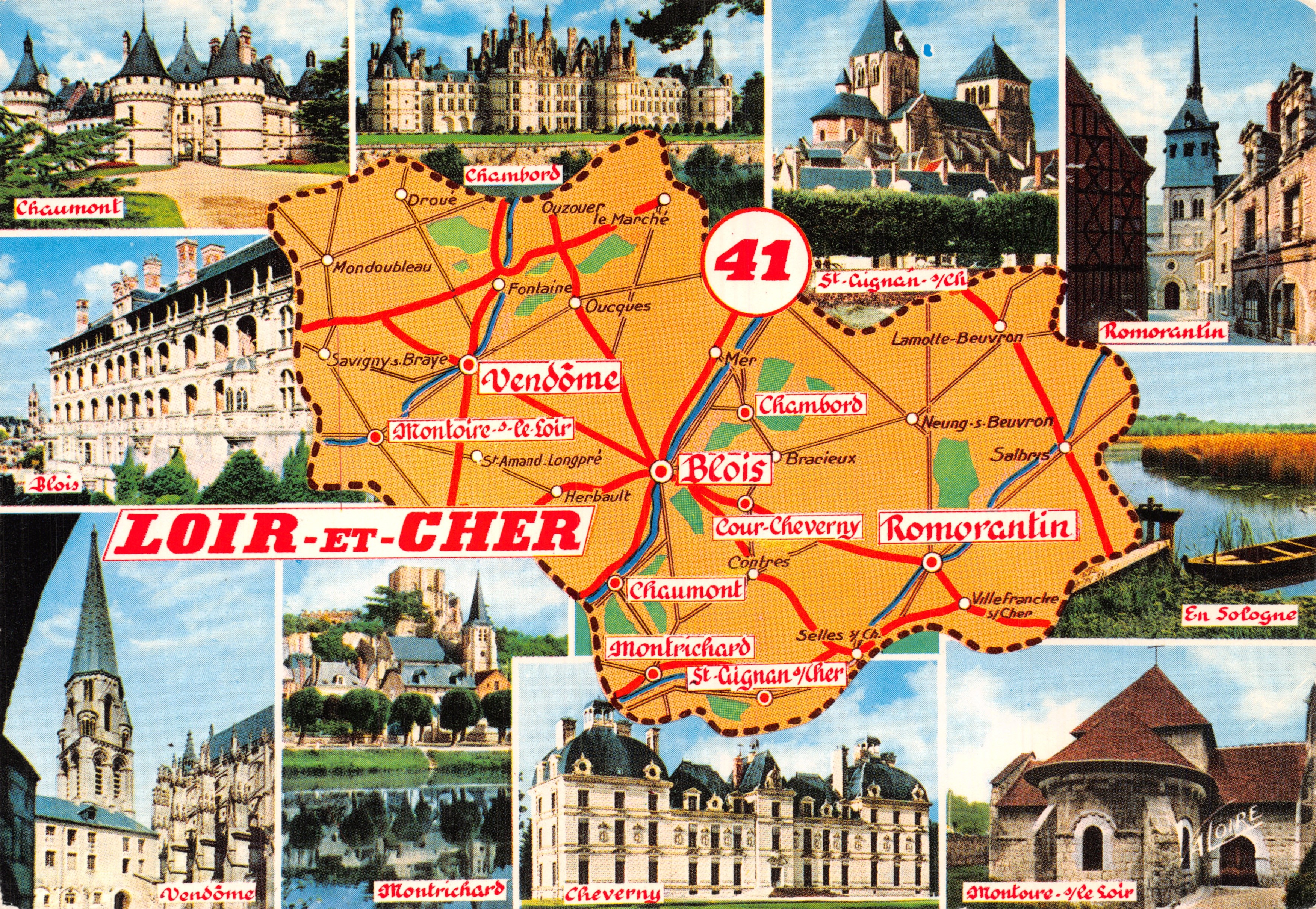 Loir-et-Cher — Carte touristique avec vue de châteaux et carte du département — Éditeur VALOIRE, n° 41