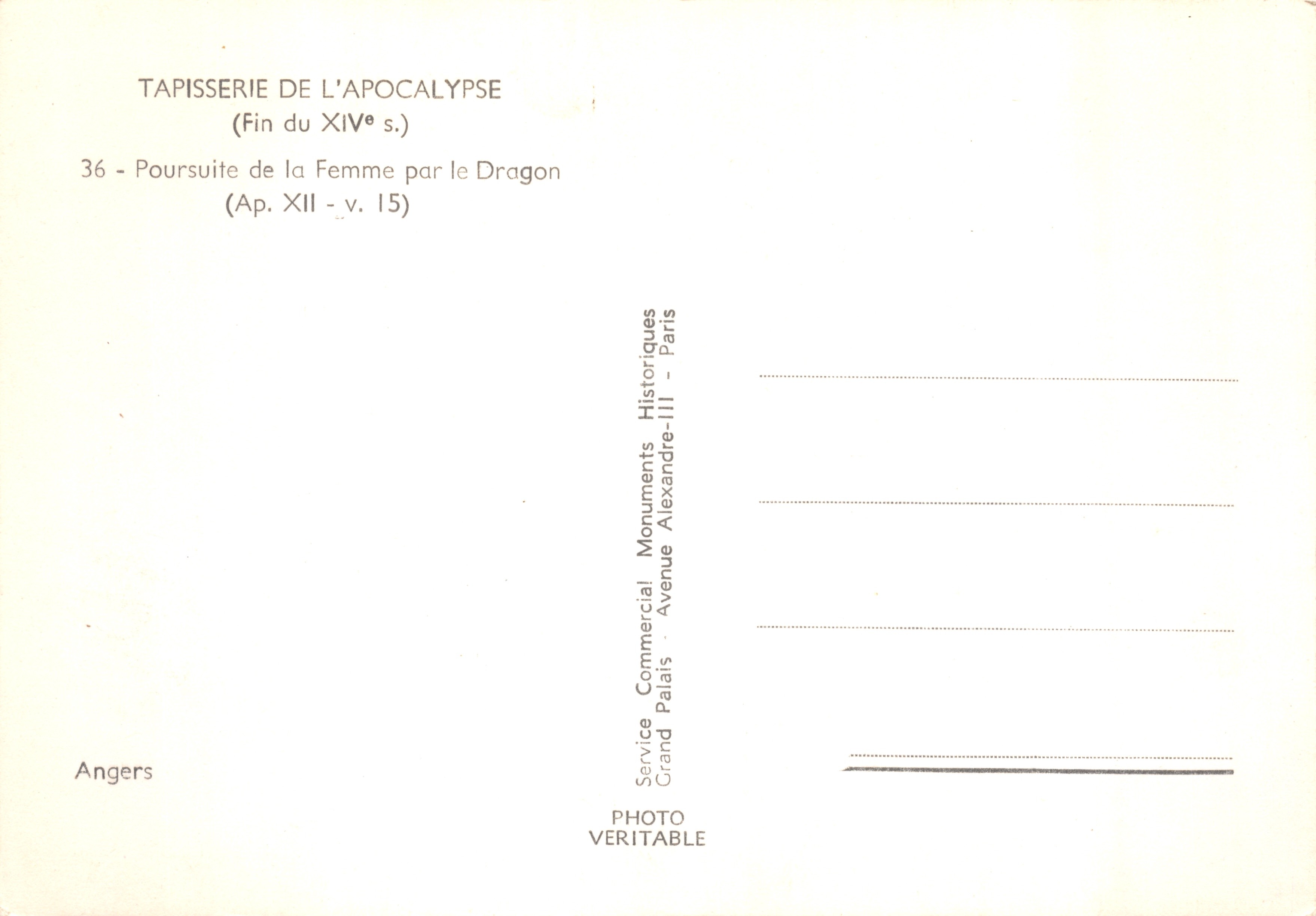 Tapisserie de l'Apocalypse — Poursuite de la Femme par le Dragon — éditeur Service Commercial Grand Palais, Paris — Achterkant