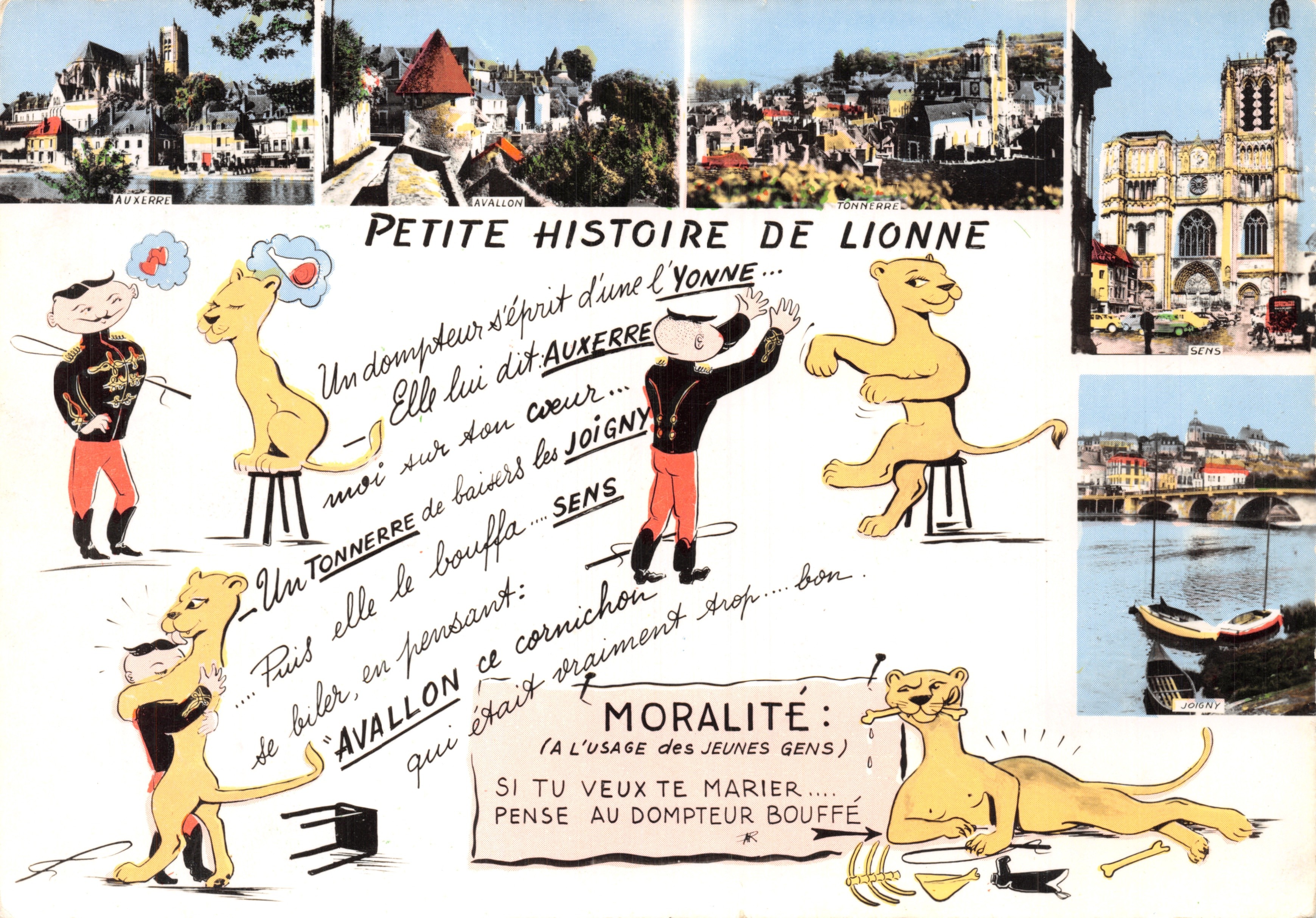 Petite histoire de Lionne — scène humoristique avec des lions et des villes de la Yonne (Auxerre, Tonnerre, Sens, Joigny) — éditeur COMBILIER IMP. MACON