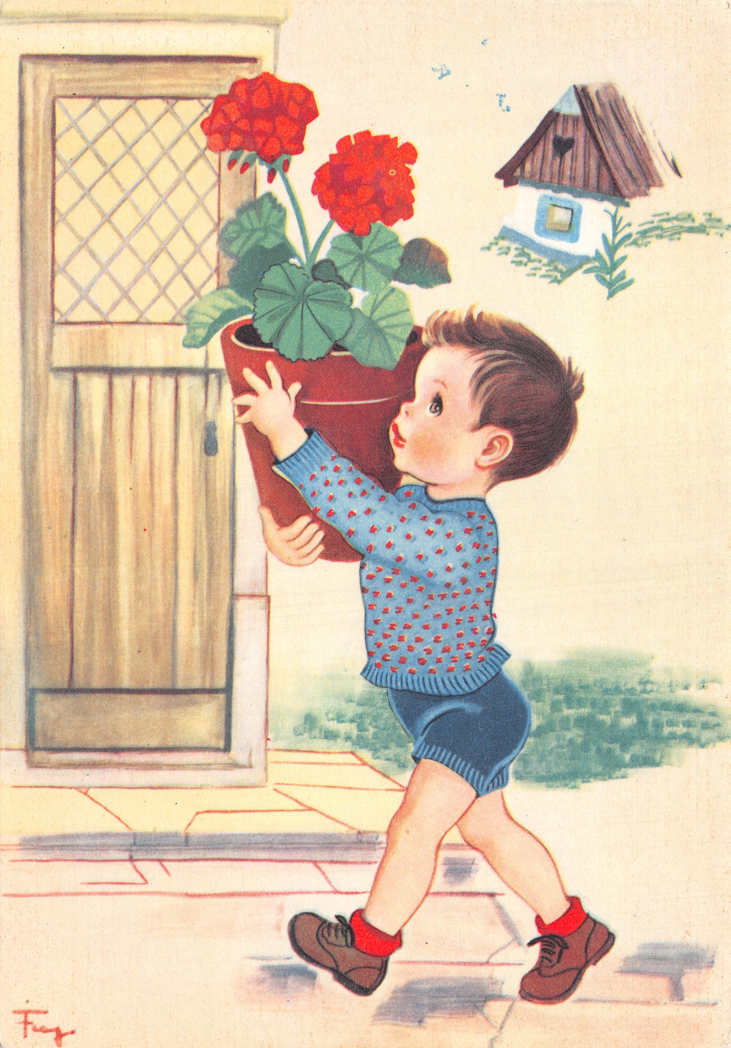 Enfant portant un pot de géranium — scène de jardin — éditeur Becannu, n° 1280