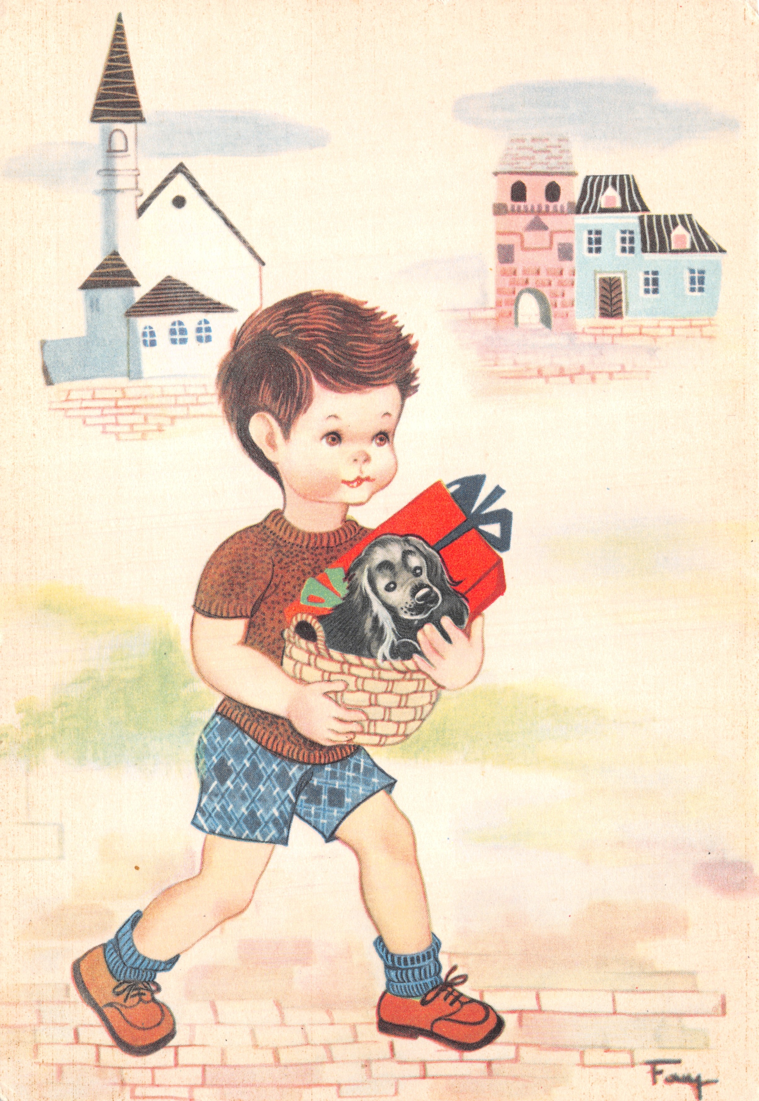 Enfant portant un chien dans un panier — scène de rue avec édifice religieux — éditeur Becamu, n° 1280