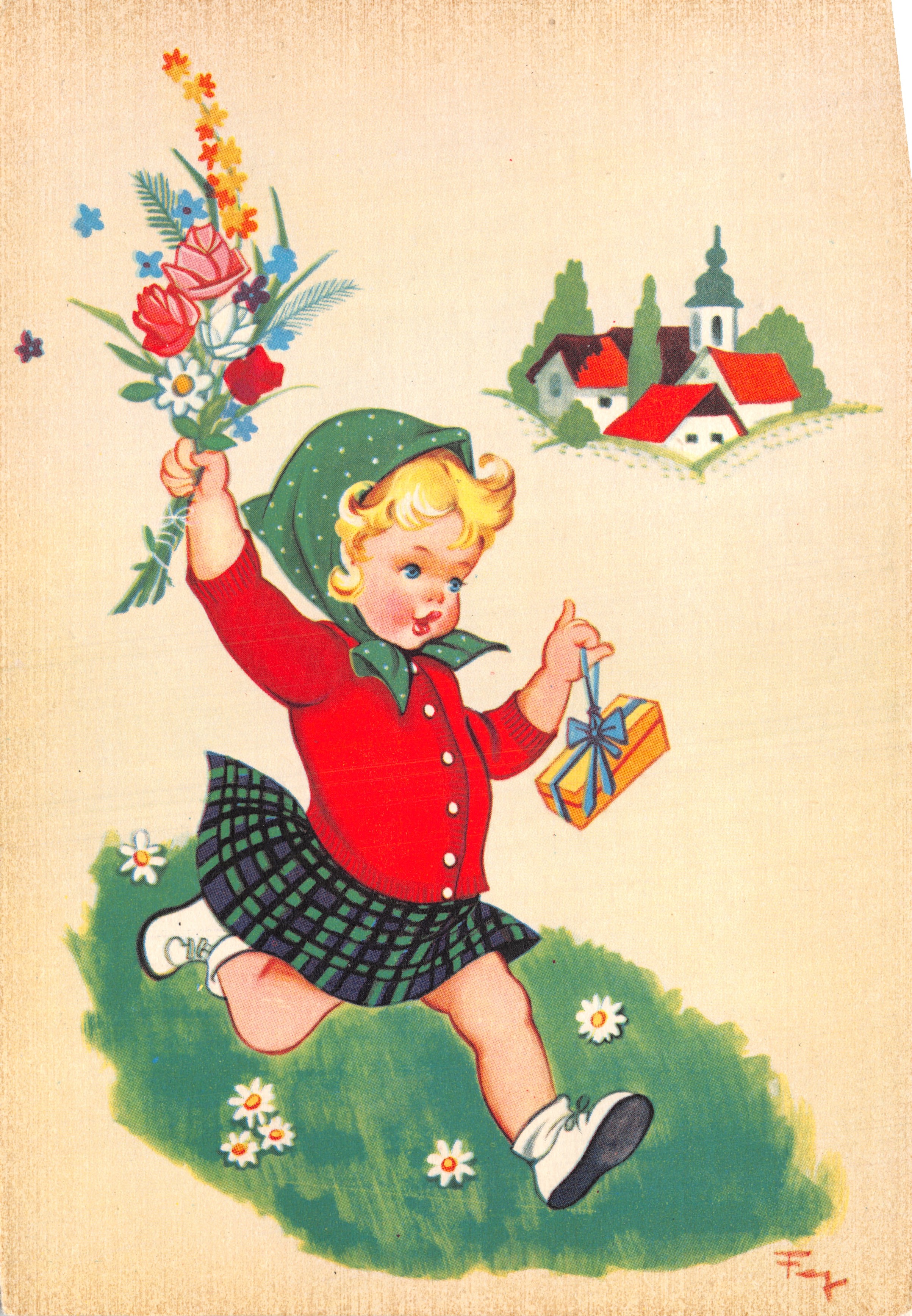 Enfant avec bouquet et cadeau — scène champêtre avec église — éditeur Becanu, n° 1280