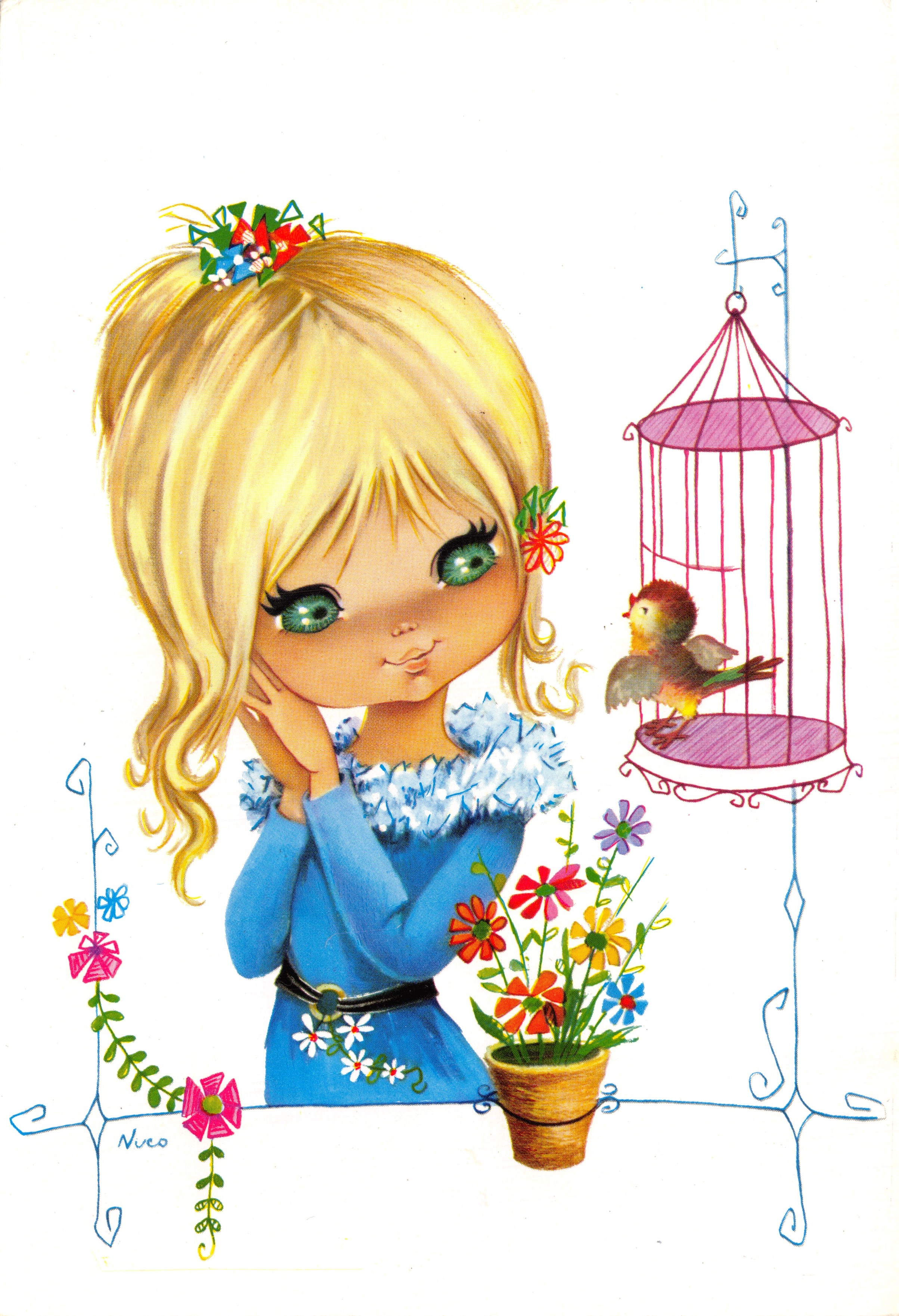 Fille blonde avec oiseau en cage — illustration colorée — éditeur Nuro