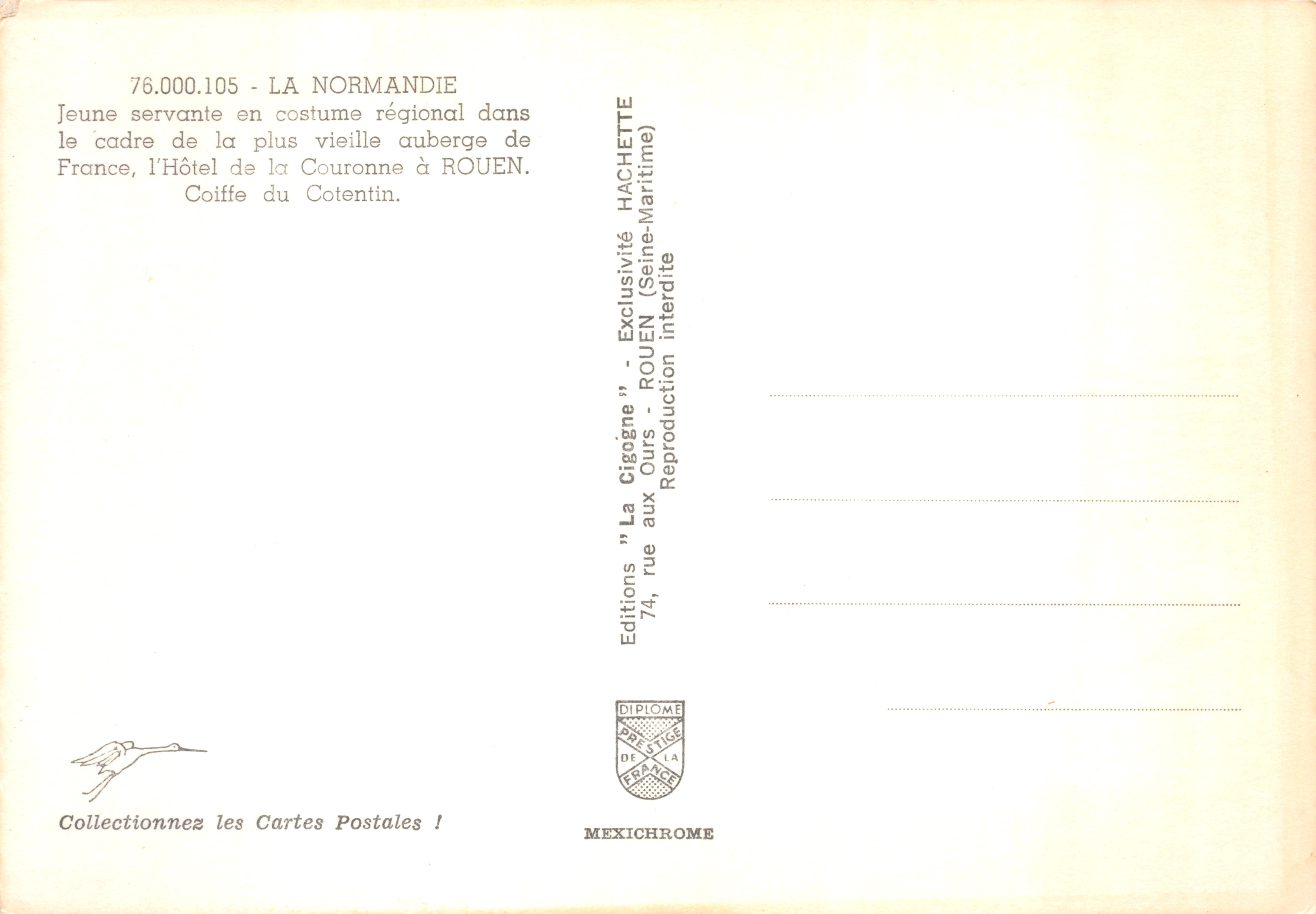 Jeune servante — en costume régional dans l'Hôtel de la Couronne à Rouen — Éditions "La Cigogne" — Achterkant
