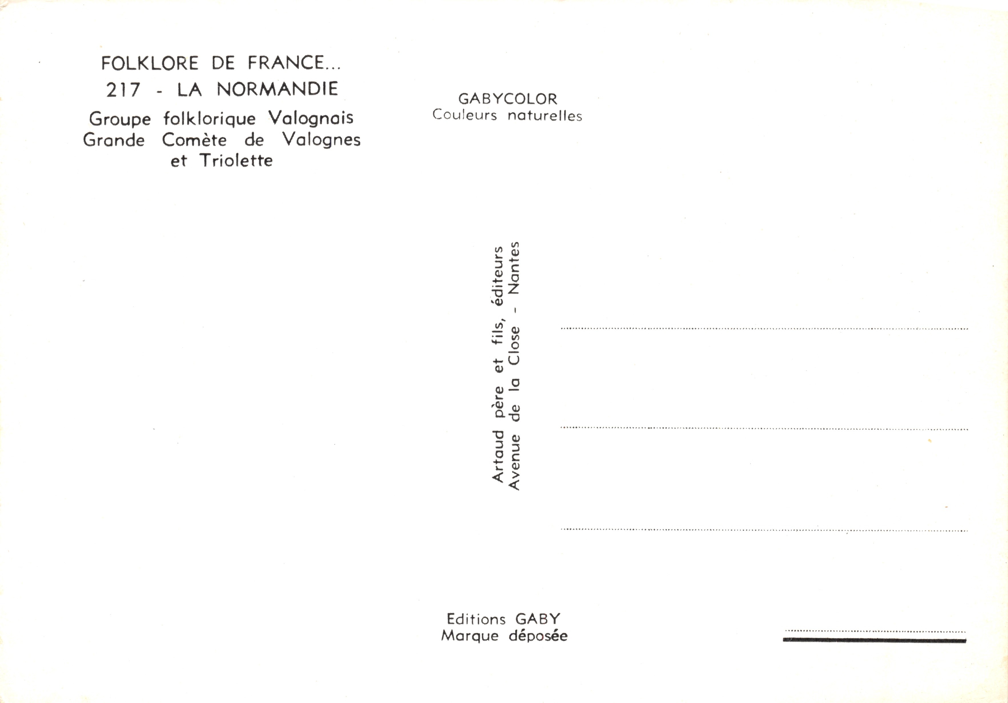Folklore normand — scène de groupe folklorique à Valognes et Triolette — éditeur Gaby — Achterkant