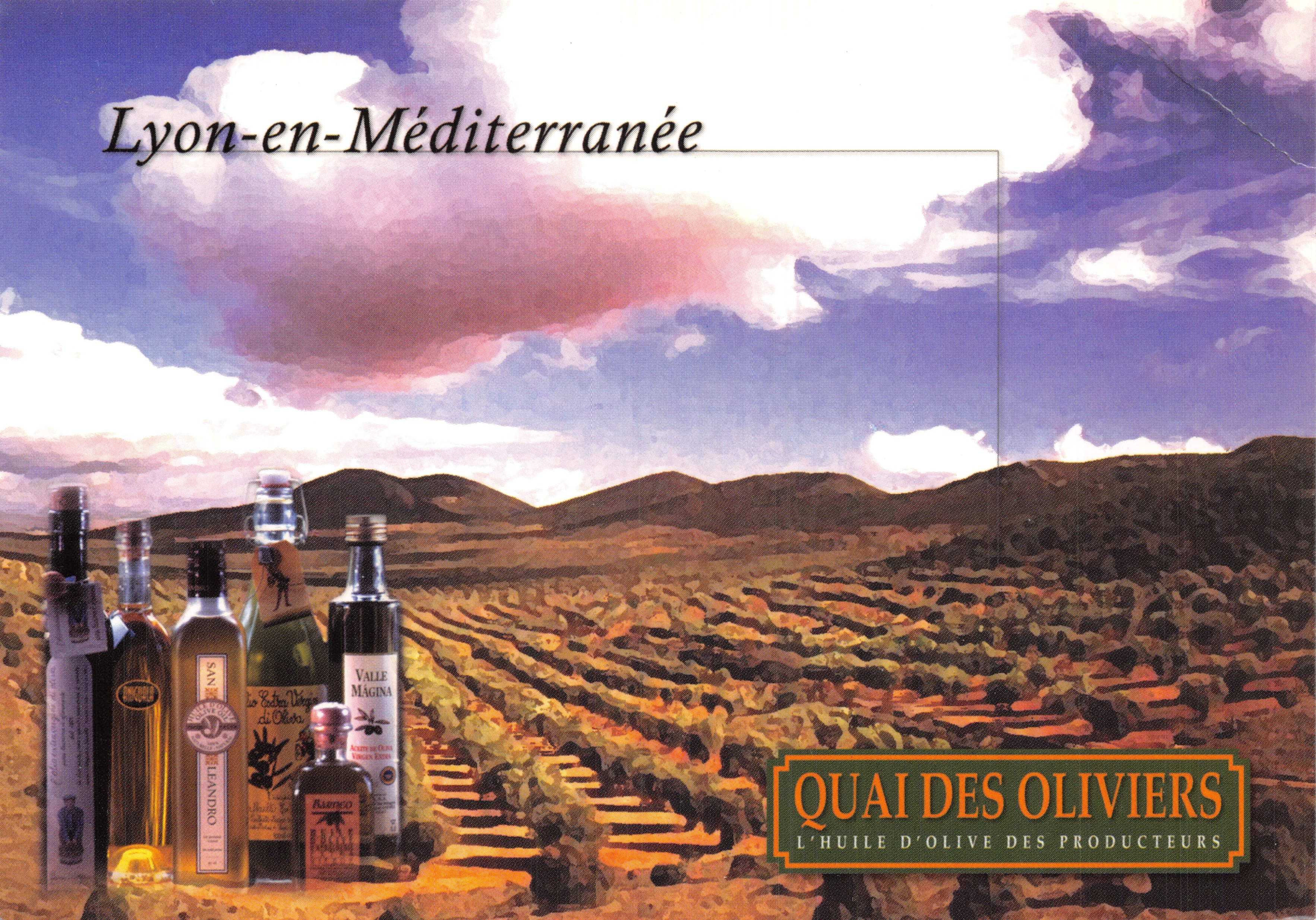 Lyon-en-Méditerranée — vista di vigneti e bottiglie d'olio d'oliva — editore QUAI DES OLIVIERS