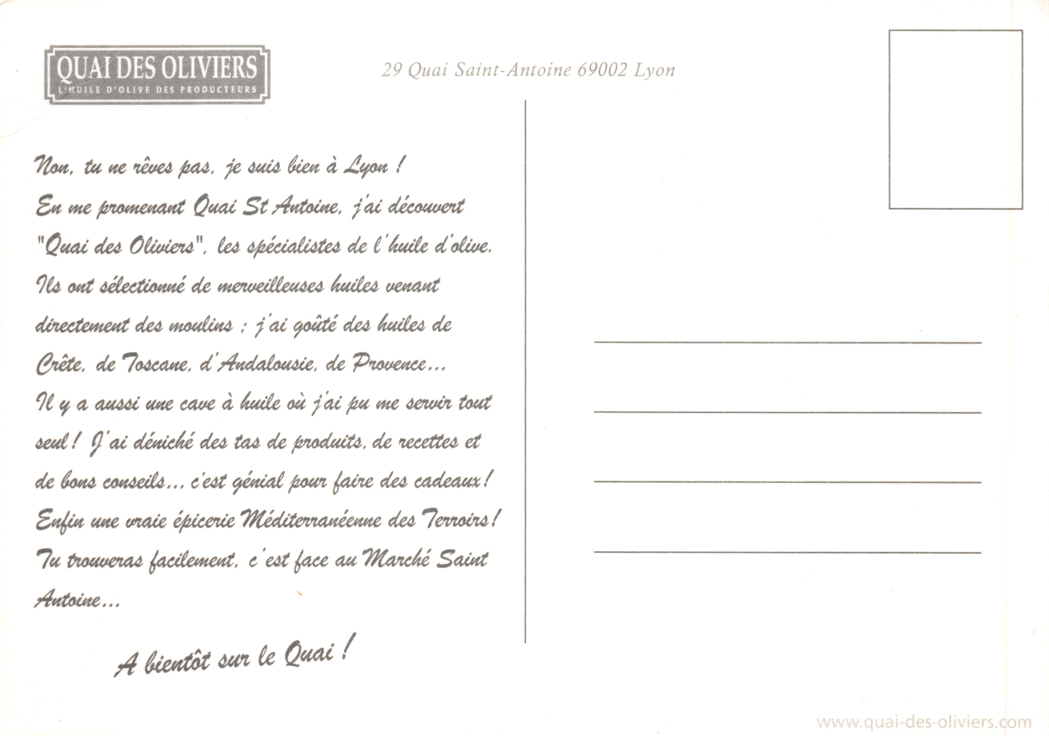 Lyon-en-Méditerranée — vista di vigneti e bottiglie d'olio d'oliva — editore QUAI DES OLIVIERS — Verso