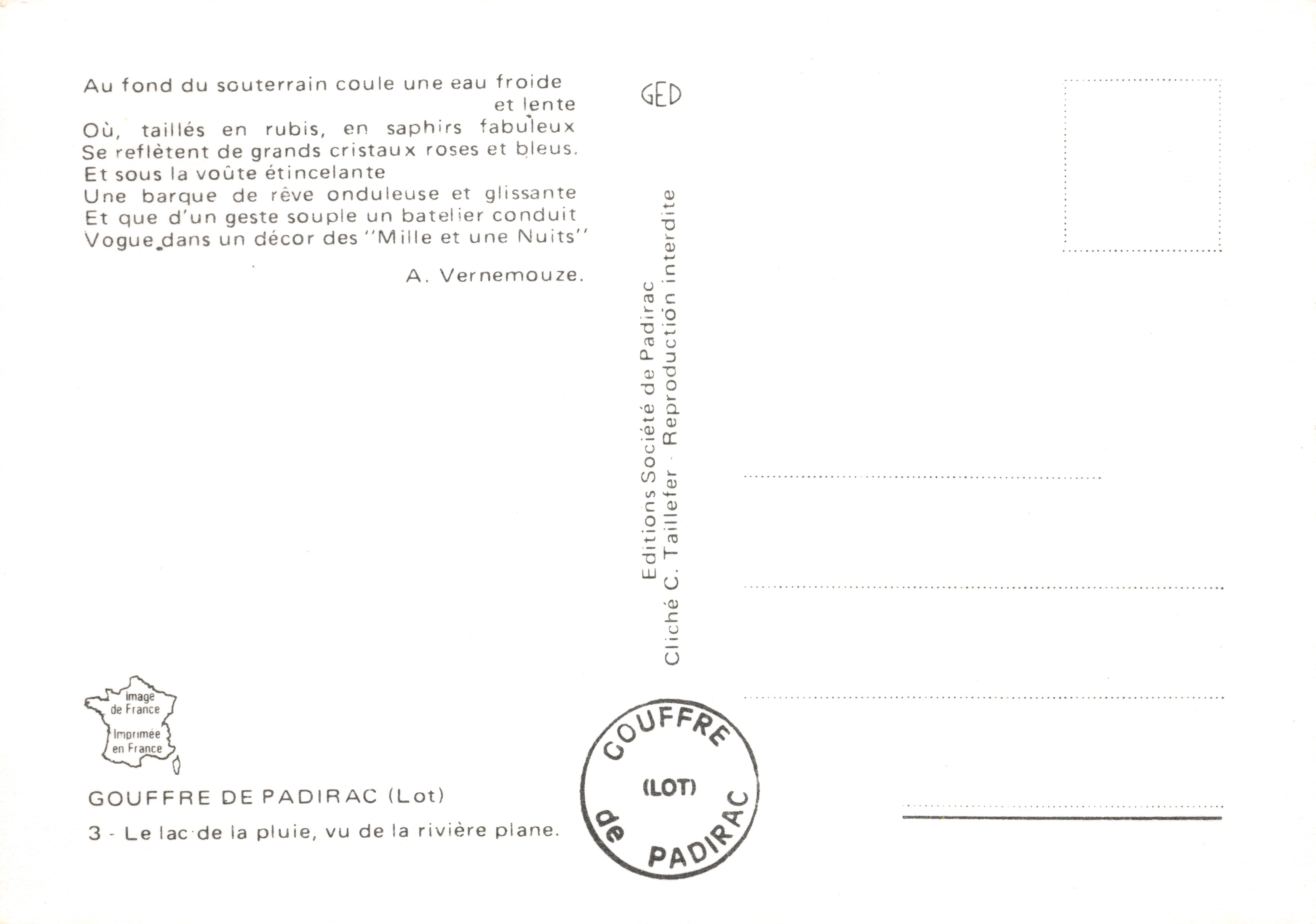 Gouffre de Padirac — uitzicht op het meer van de regen, de rivier plane — Éditions C. Taillefer — Achterkant