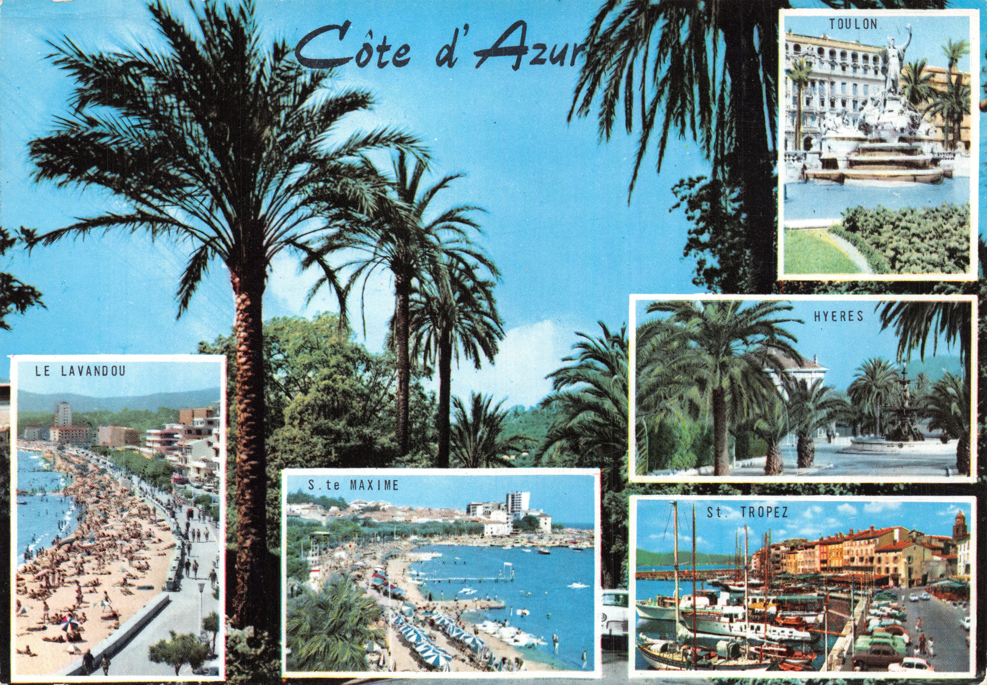 Côte d'Azur — vue panoramique avec palmiers et vignettes de Le Lavandou, Sainte-Maxime, Toulon, Hyères et Saint-Tropez — éditeur Cogolin