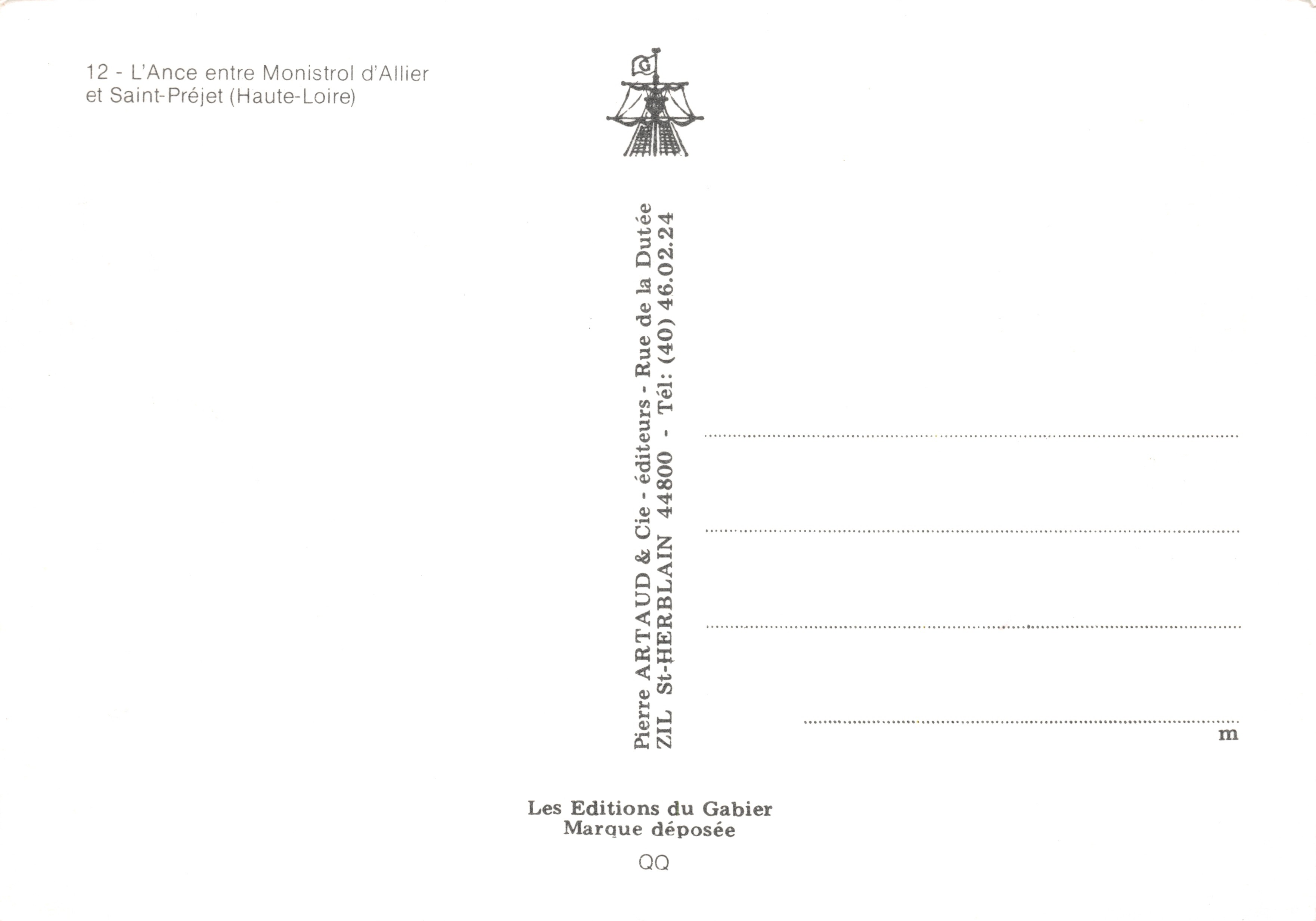 L'Ance entre Monistrol d'Allier et Saint-Préjet — vue de la rivière parmi des rochers — éditeur Pierre ARTAUD & Cie, St-Herblain — Reverso