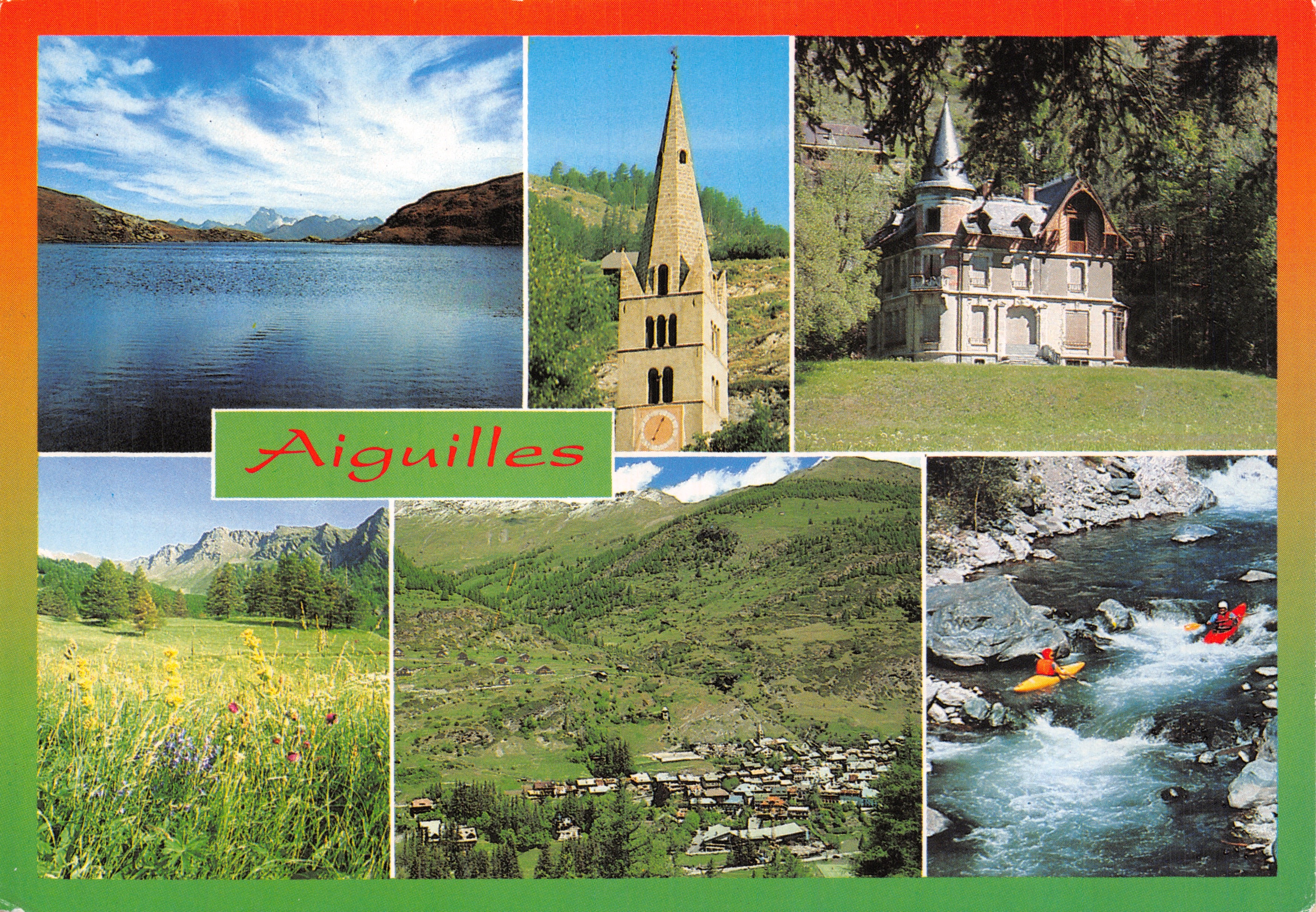 Aiguilles — vue panoramique avec lac, clocher, château et kayak — édition J. et J.M. Chaurand