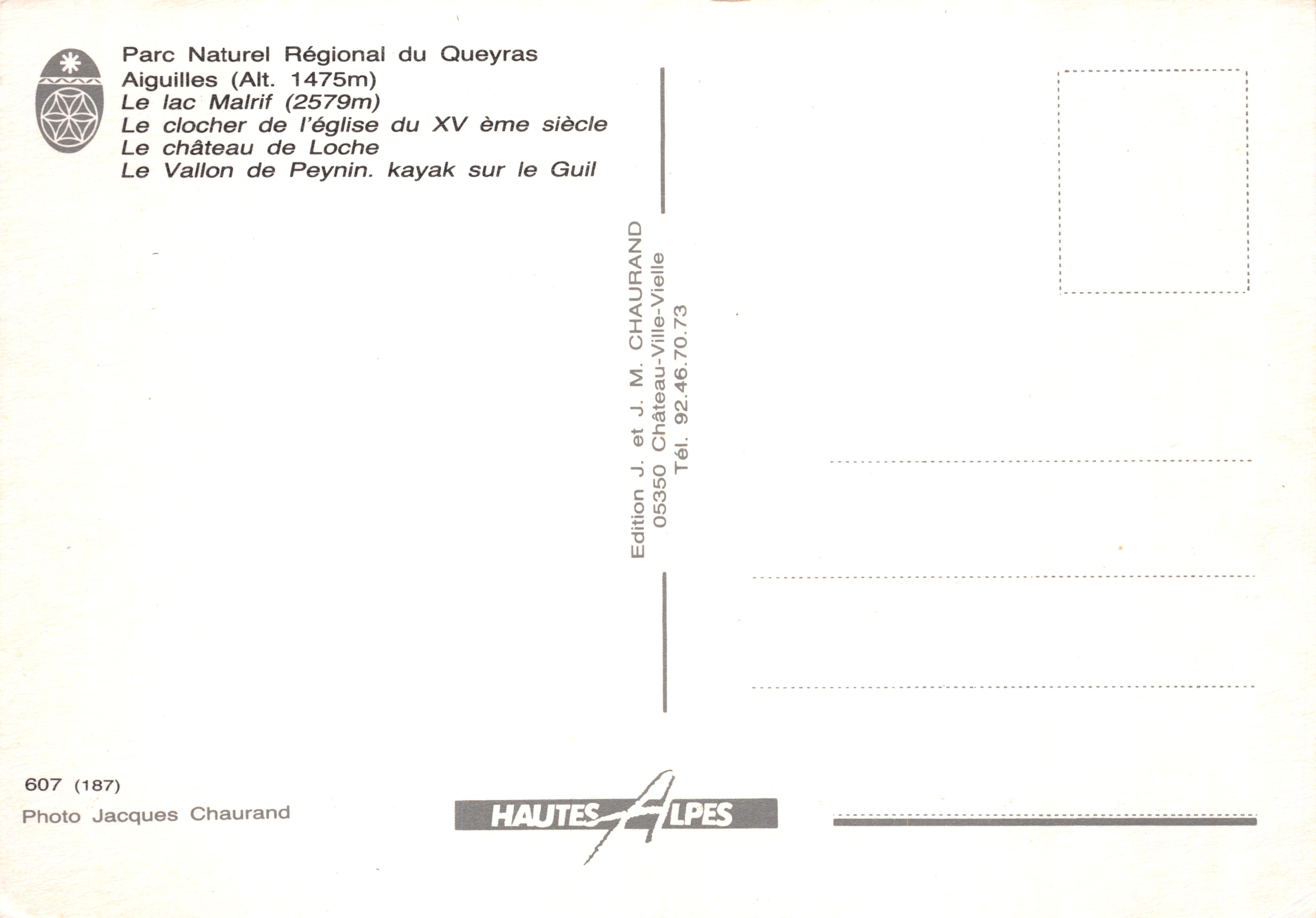 Aiguilles — vue panoramique avec lac, clocher, château et kayak — édition J. et J.M. Chaurand — Reverso